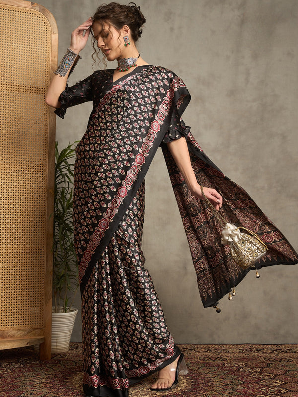 971004 Trending Ajrakh Print Semi Modal Silk Saree