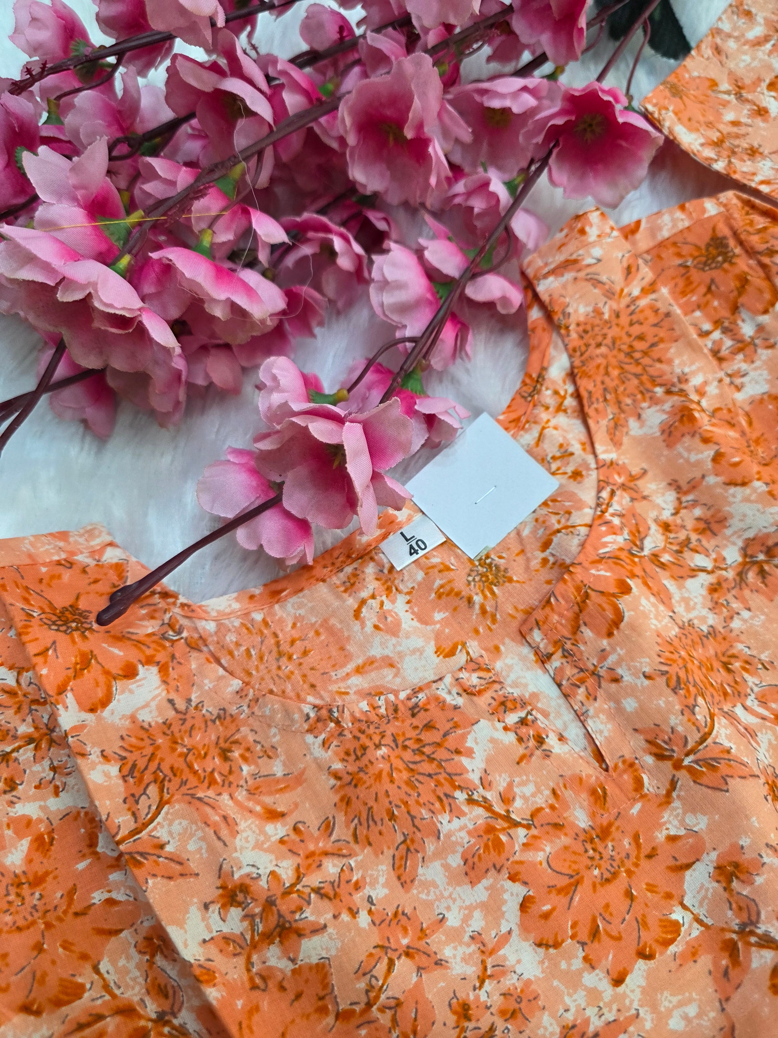 1758 Pure Cotton Hand Block Printed Shot Kurtis (Saffron)