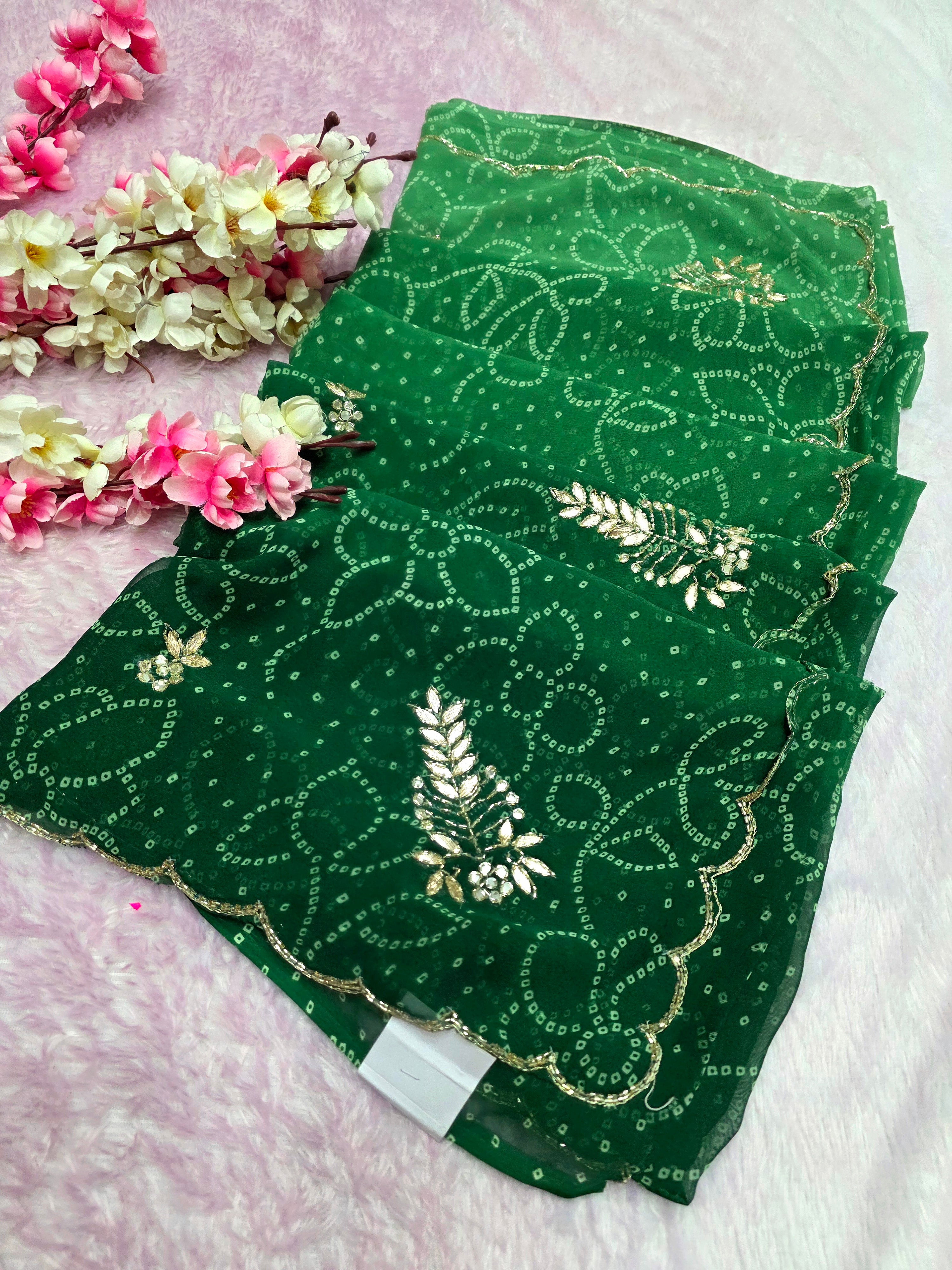 966001 Traditional Bandhani Georgette Saree with Hand Cutdana Work - Green