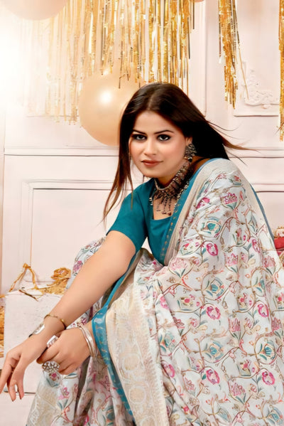 942002 Very Elegant Chiffon Crepe Silk Print Saree with Swarovski on Border - Blue