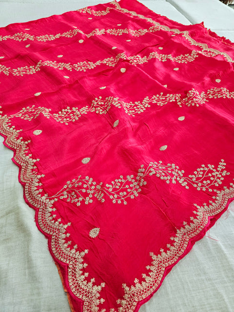 Designer Zari Embroidery Pure Dola Silk Saree With Beautiful Cutwork - Rani