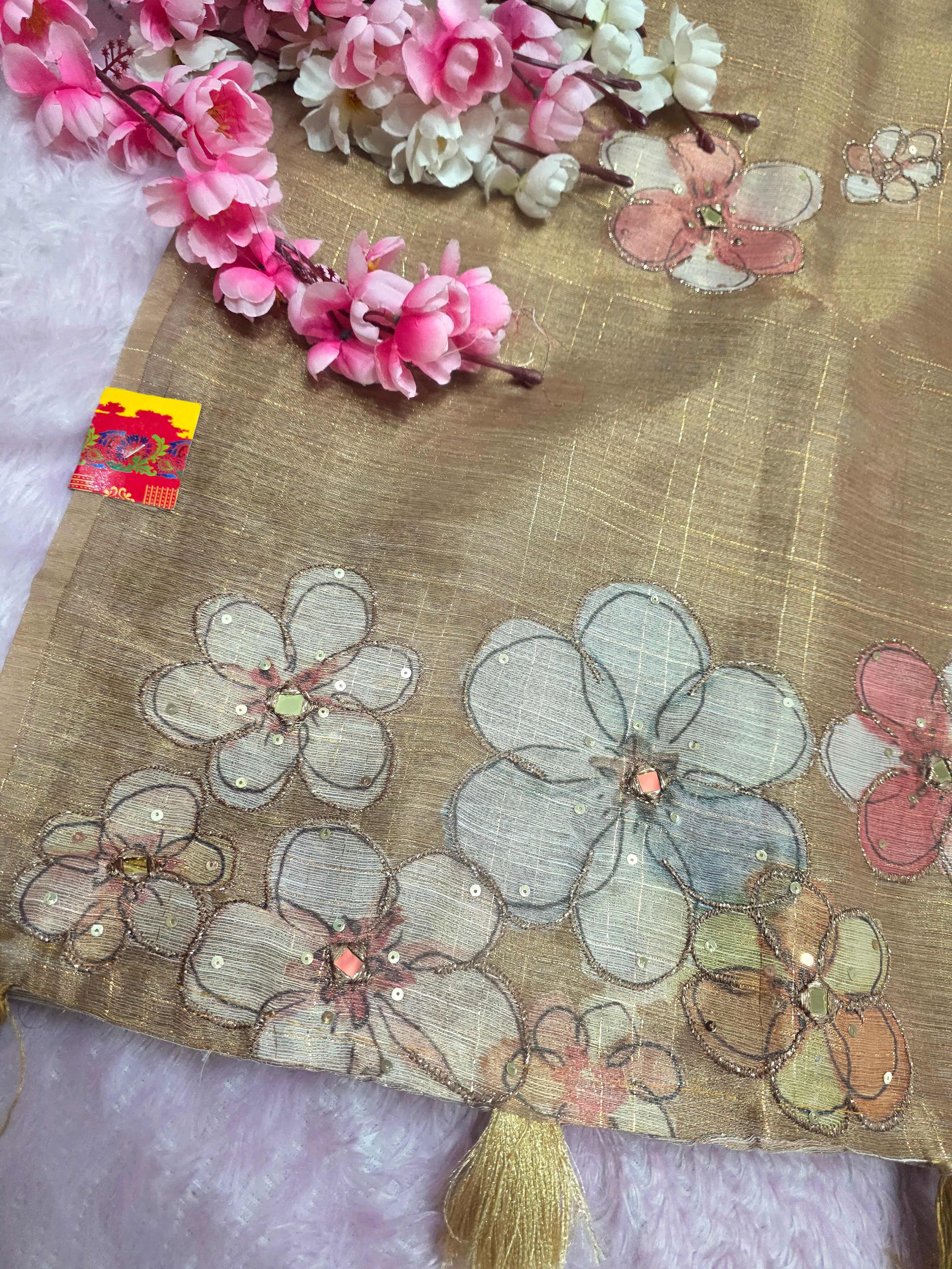 101704 Designer Tissue jute Silk Saree with Rajasthani Hand Aari Tari Work