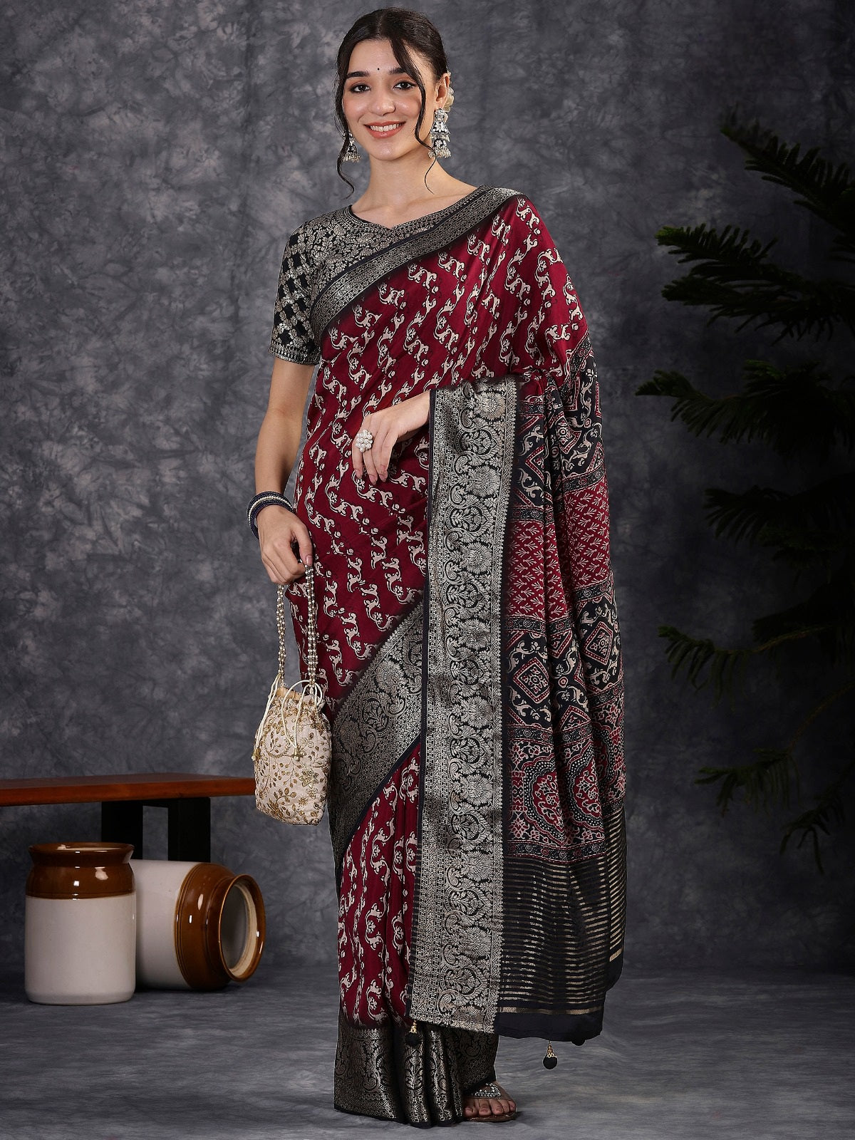 100603 Beautiful Pure Maslin Silk Traditional Print Saree with Zari Weaving Border and Heavy Brocket Blouse