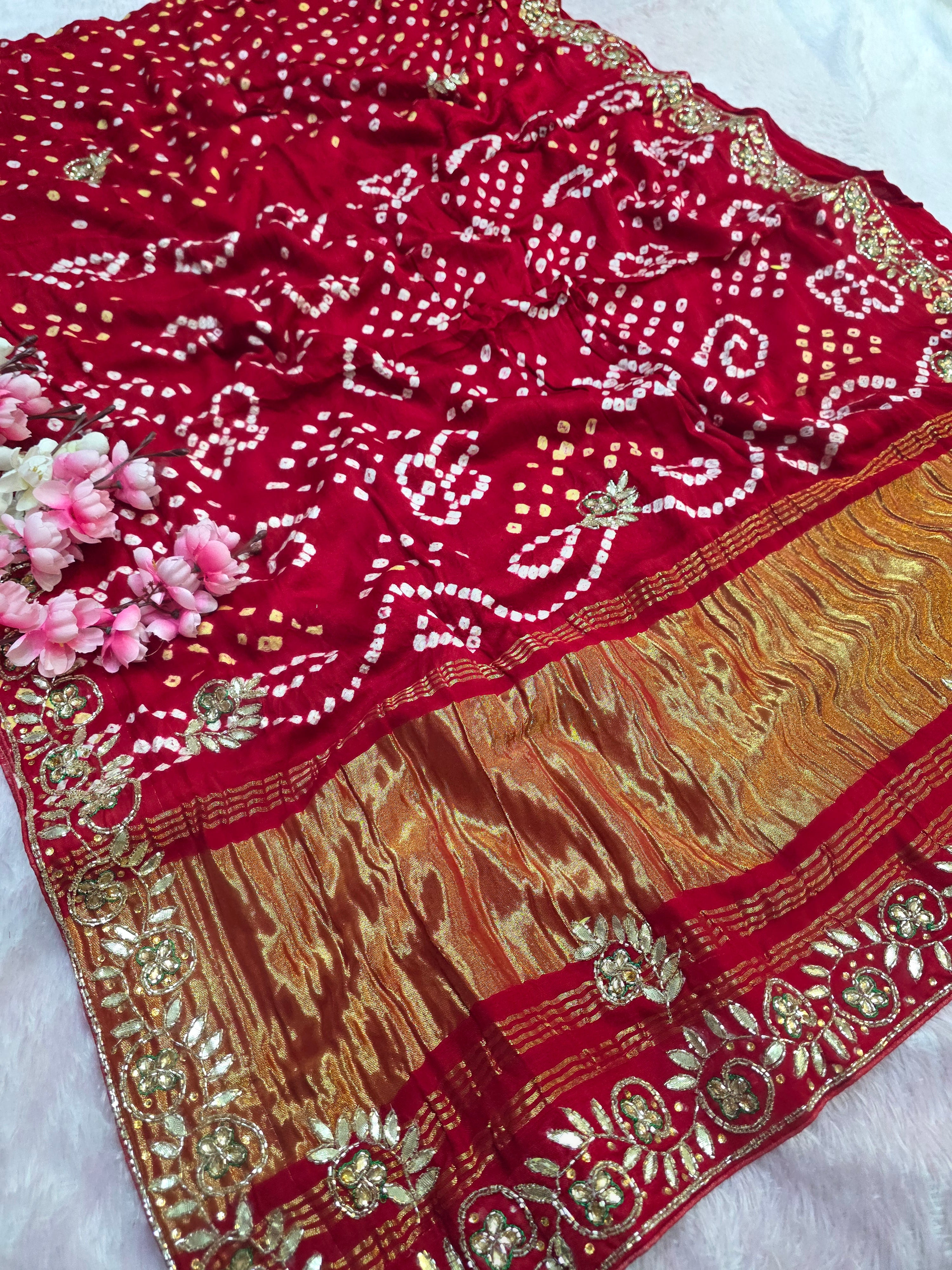 967004 Traditional Semi Gajji Silk Bandhani Saree with Hand Gota Patti Work - Red