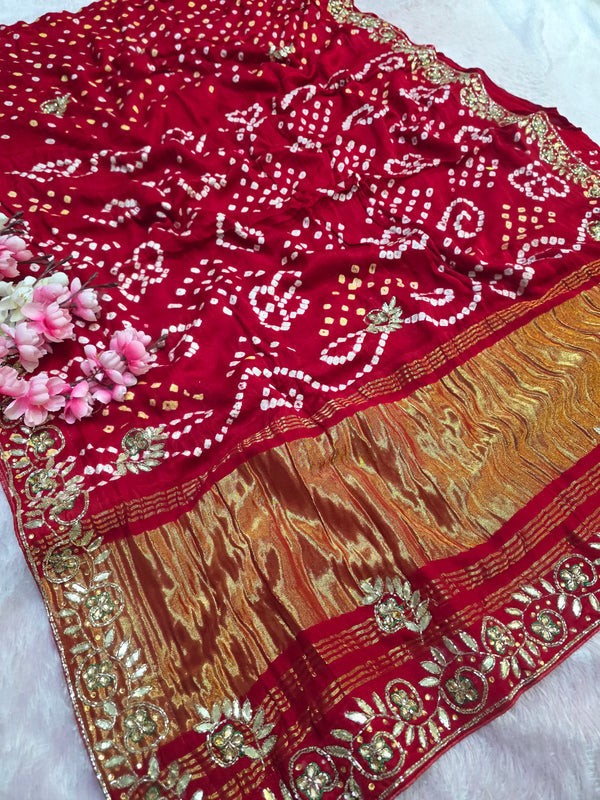 967004 Traditional Semi Gajji Silk Bandhani Saree with Hand Gota Patti Work - Red