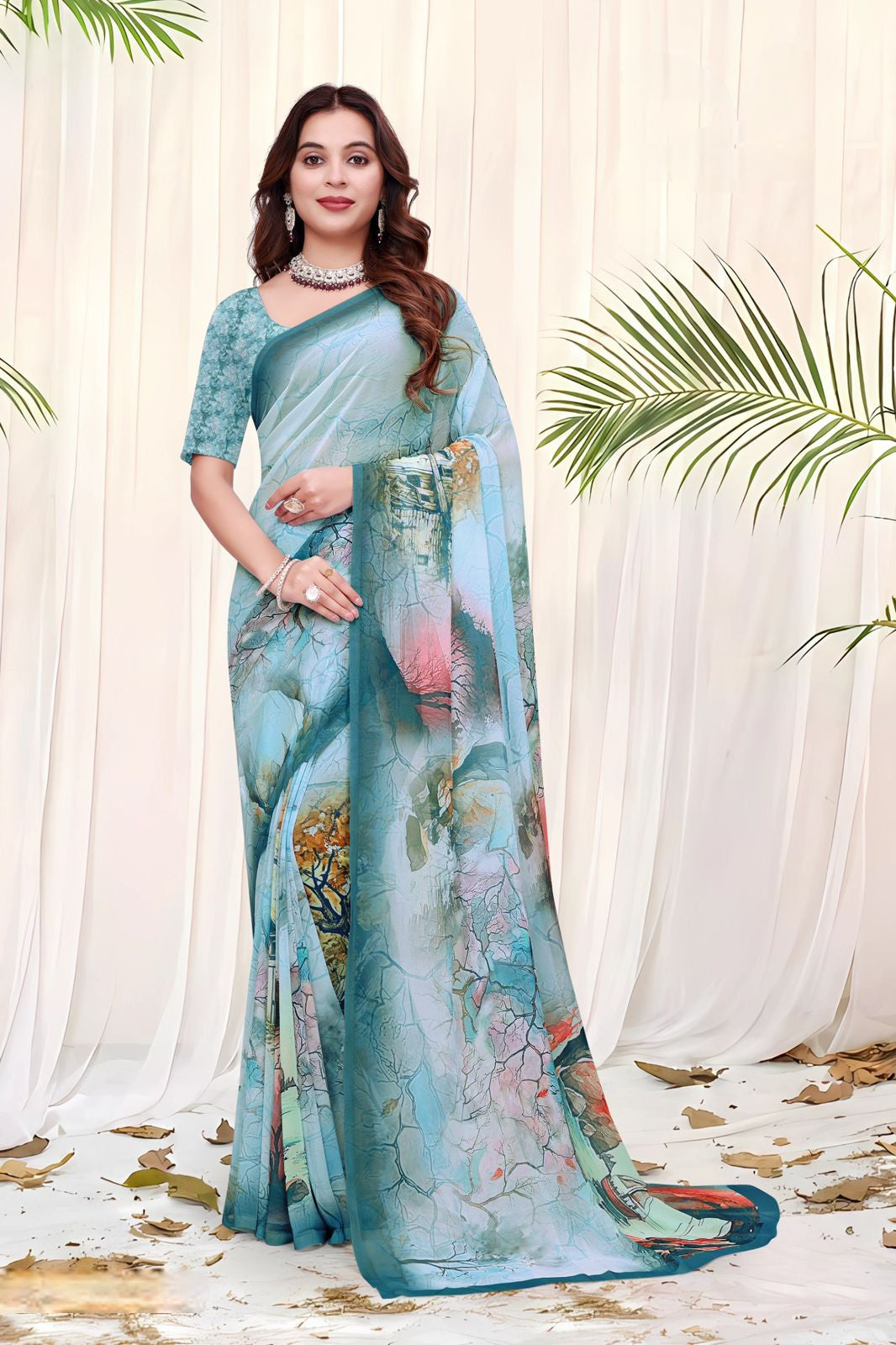 695012 डिजिटल फ्लावर प्रिंट जॉर्जेट क्रेप साड़ी