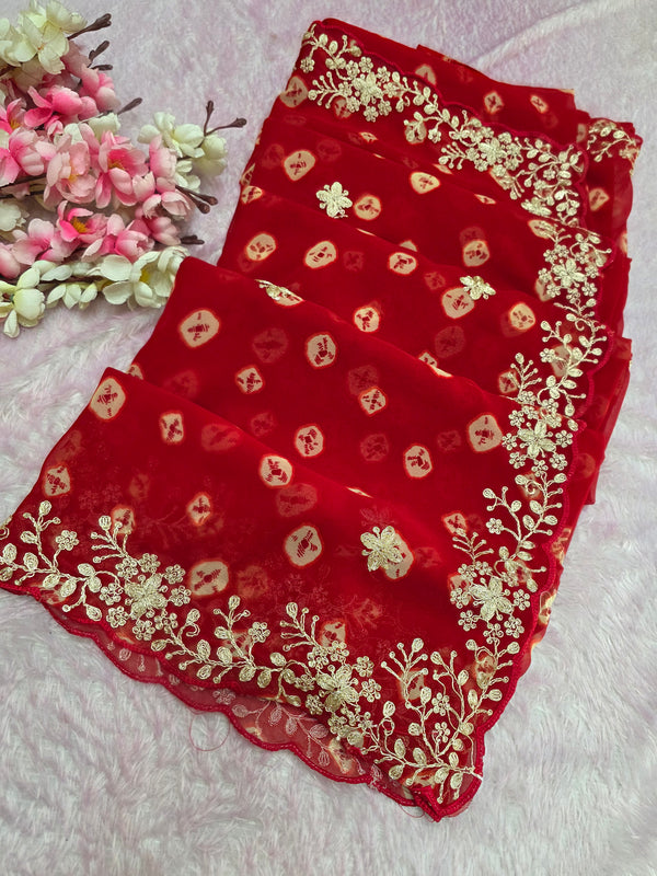 969001 Rajasthani Traditional Georgette Bandhani Saree with Pitta Work - Red
