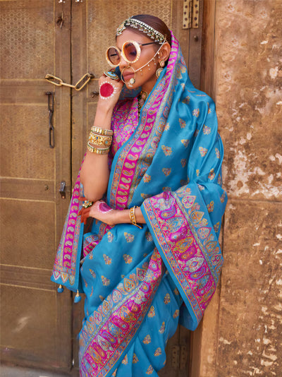 100302 Premium Kashmiri Print Silk Firozi Saree With Gold Print