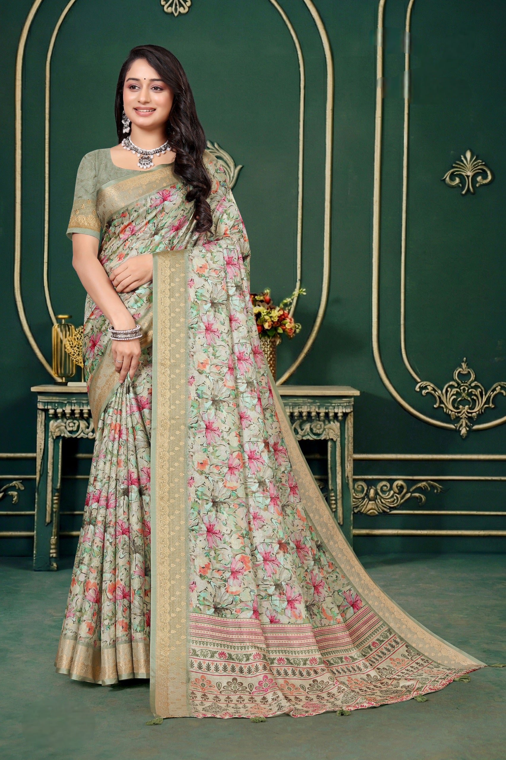 102208 Designer Soft Dola Silk Flower Printed Saree with Zari Weaving Border