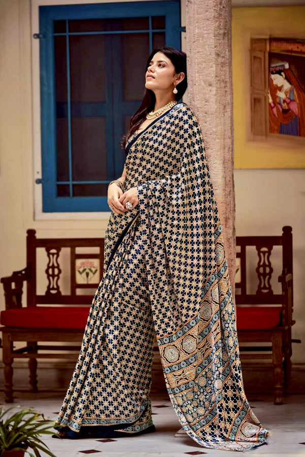 682004 Trending Ajrakh Print Semi Modal Silk Saree - Black