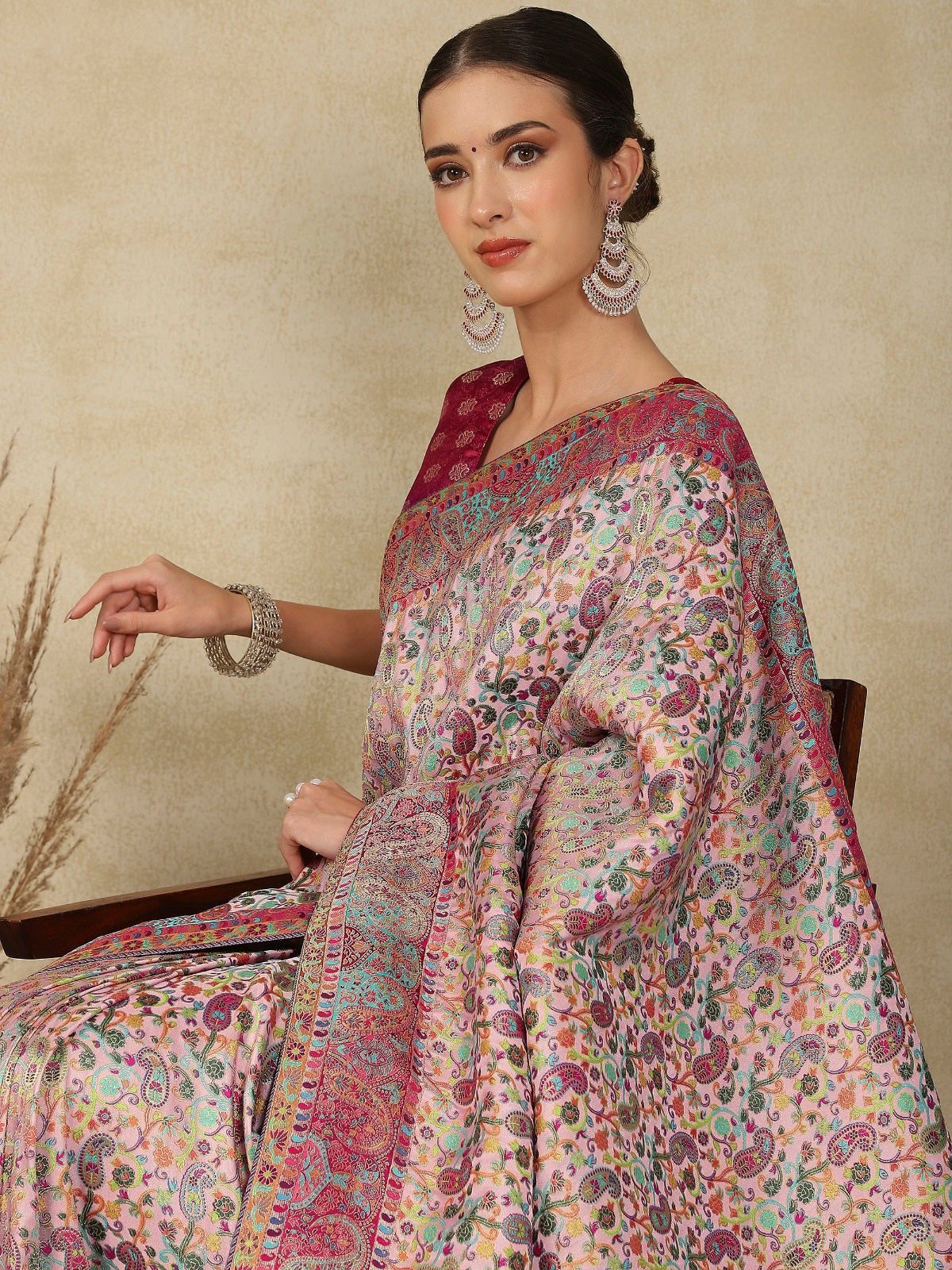 938003 Royal Kashmiri Pashmina Silk Pink Saree with Heavy Blouse