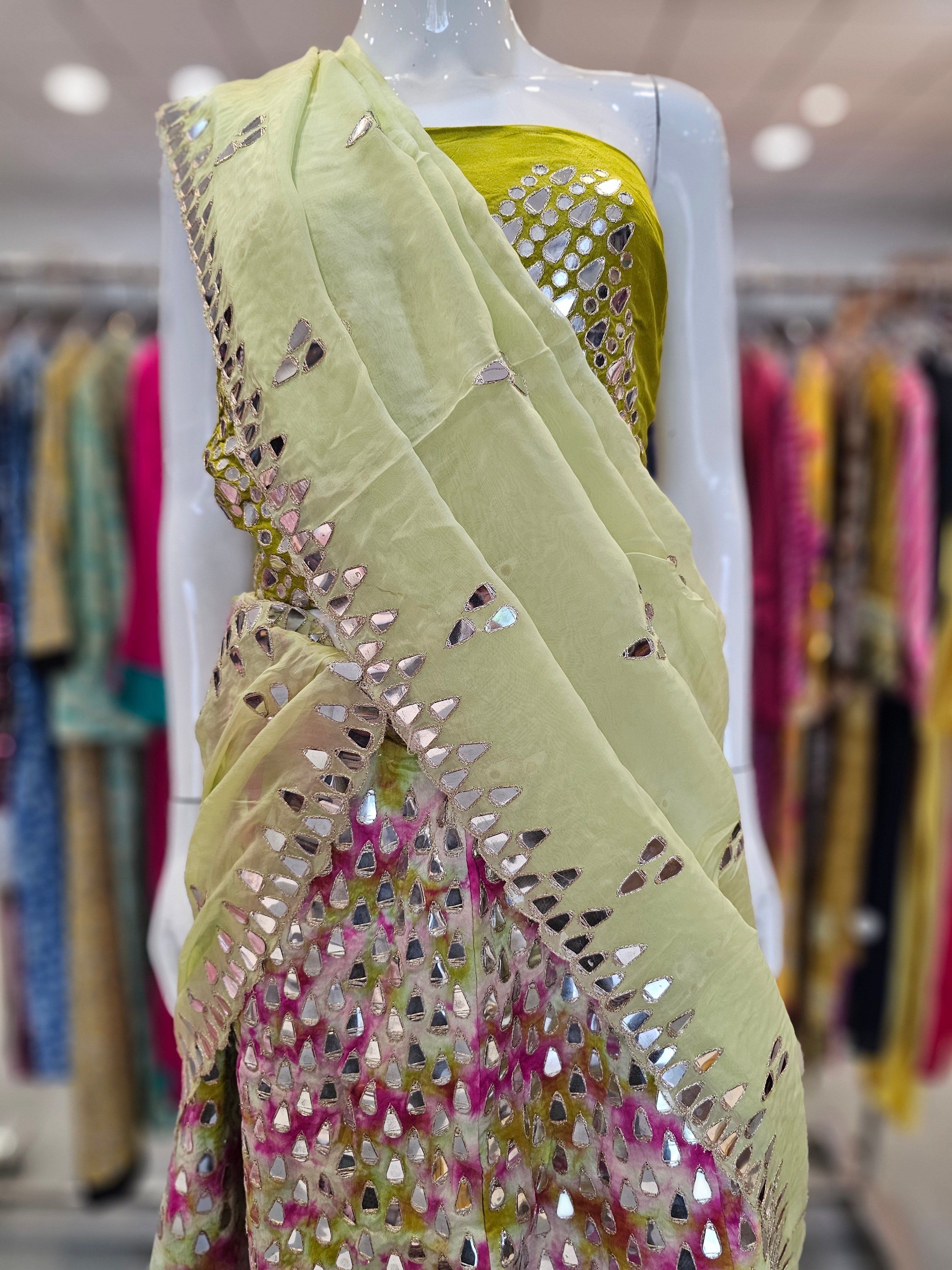 9340 Pure Dola Silk Hand Shibbori Lehenga with Heavy Mirror Work with Pure Soft Organza Dupatta