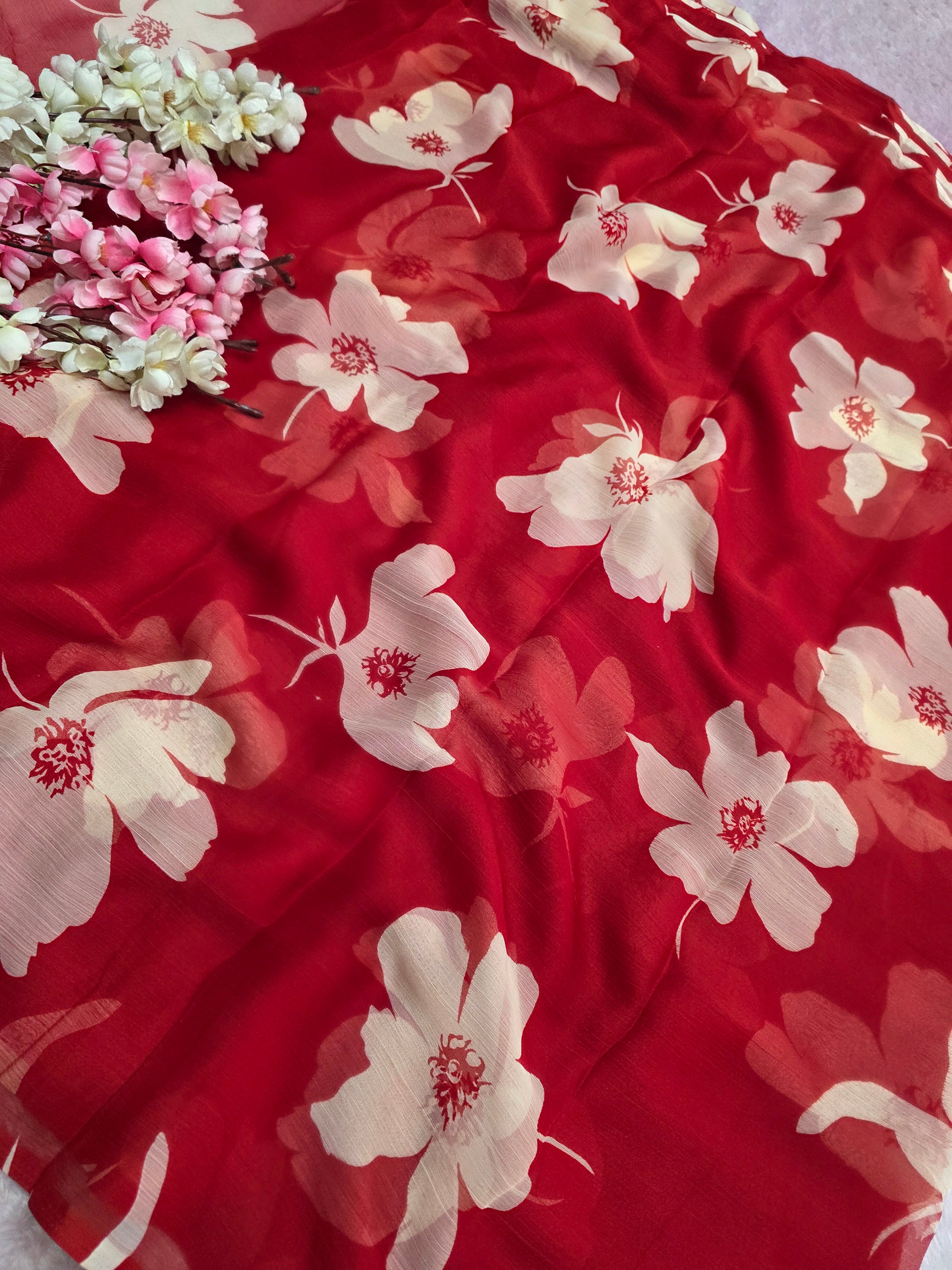 103903 Lightweight Elegant Semi Chiffon Flower Print Saree - Red