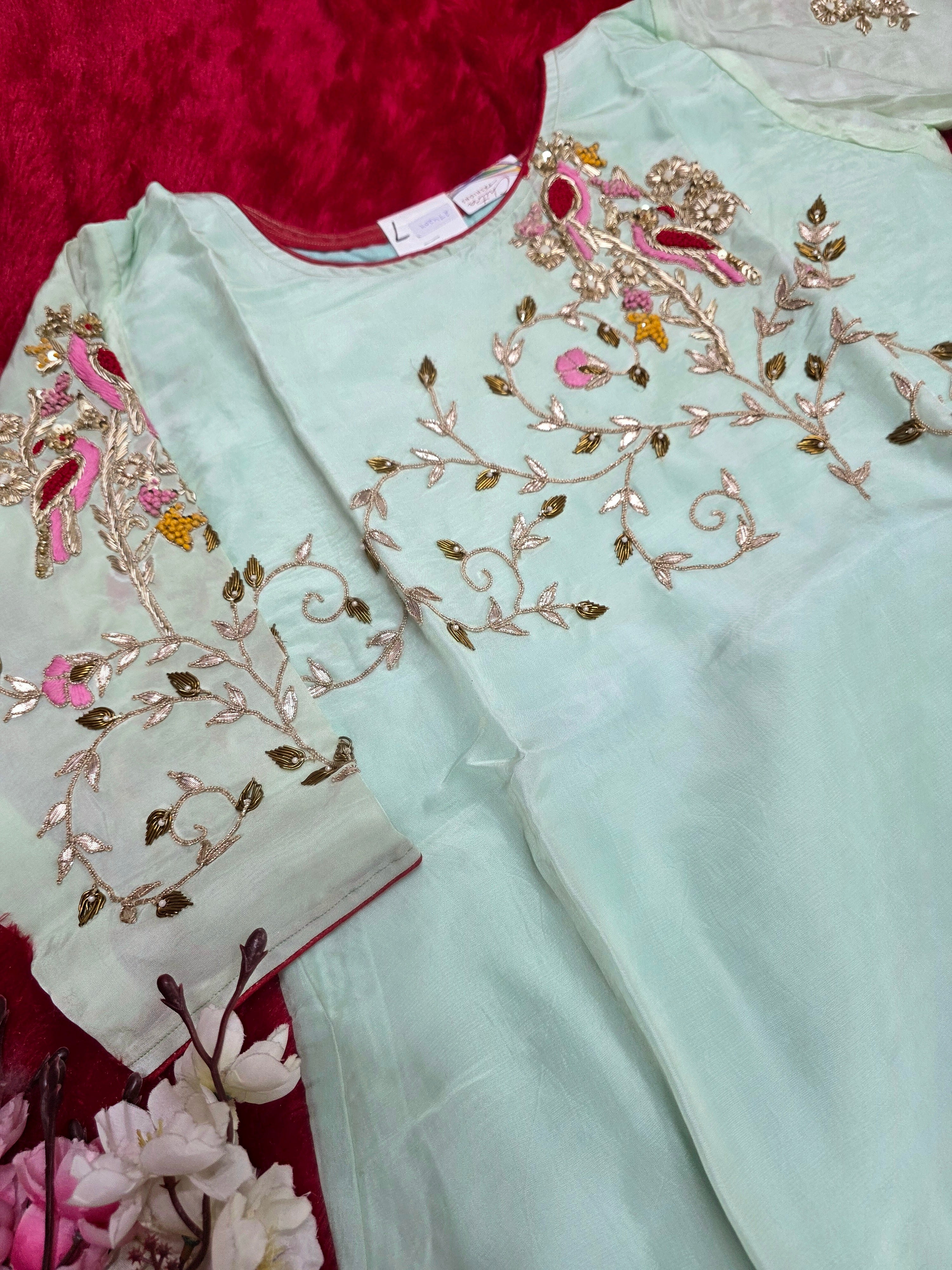 977009 Party Wear Designer Straight Kurti with Hand Gota and Zardosi Work