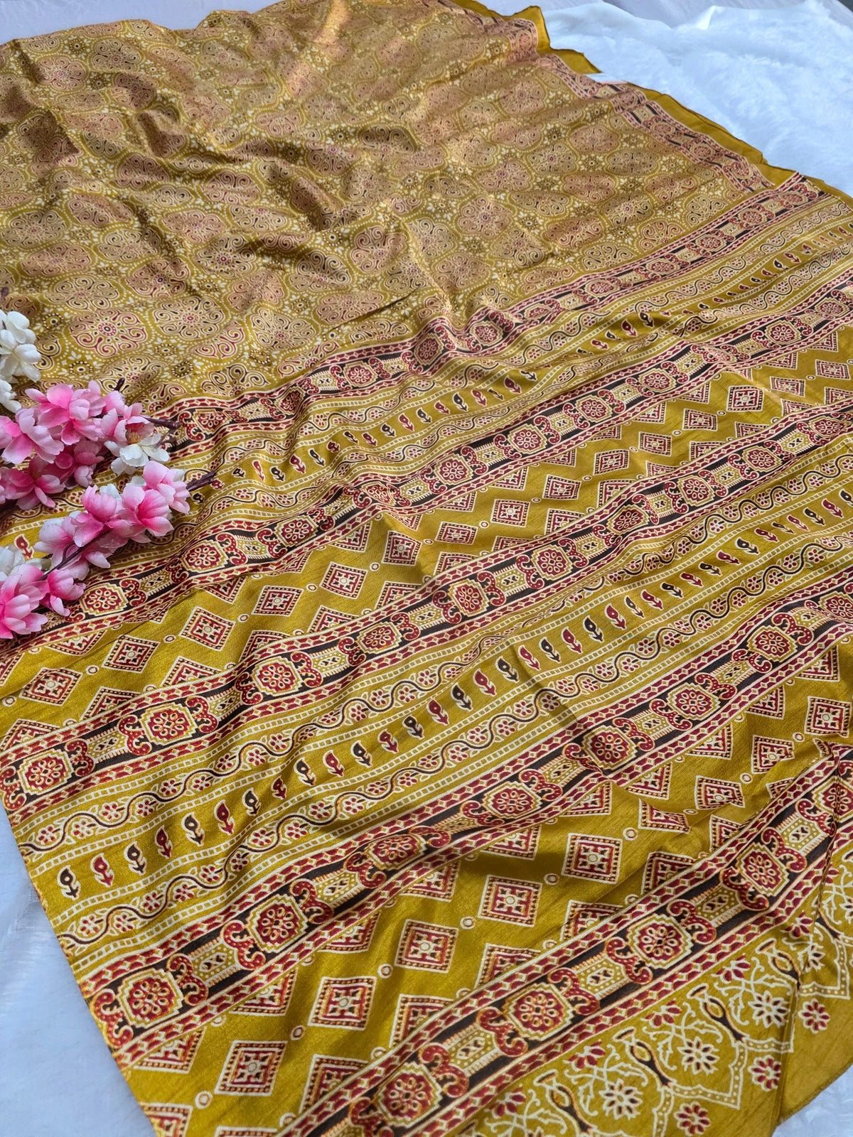 DS150 Semi Dola Silk Ajrakh Print Saree - Yellow