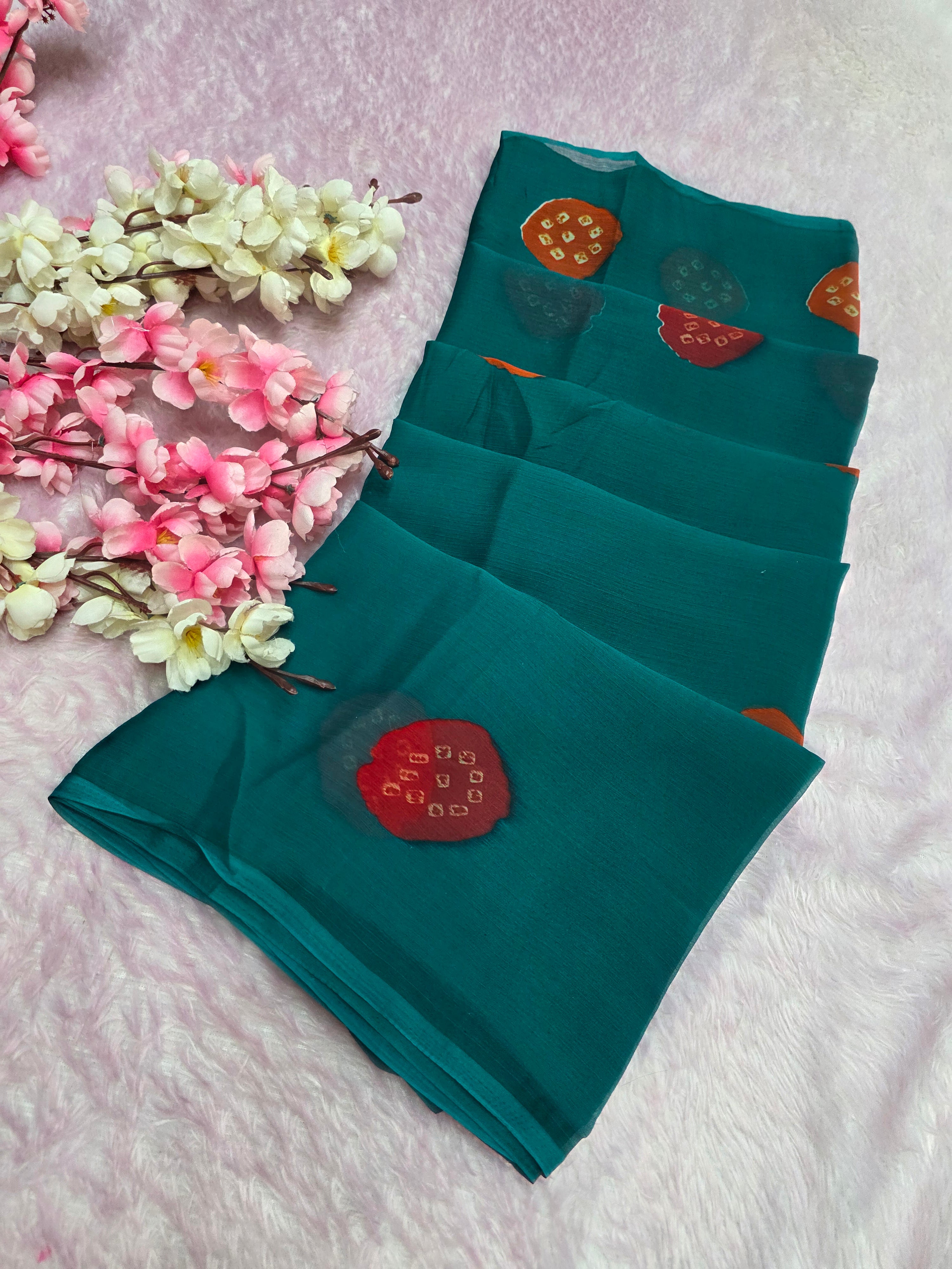 103906 Lightweight Elegant Semi Chiffon bandhani Laddu Print Saree - Teal