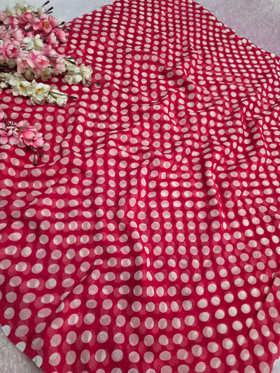 845003 Lightweight Elegant Semi Chiffon Polki Dot Print Saree - Rani