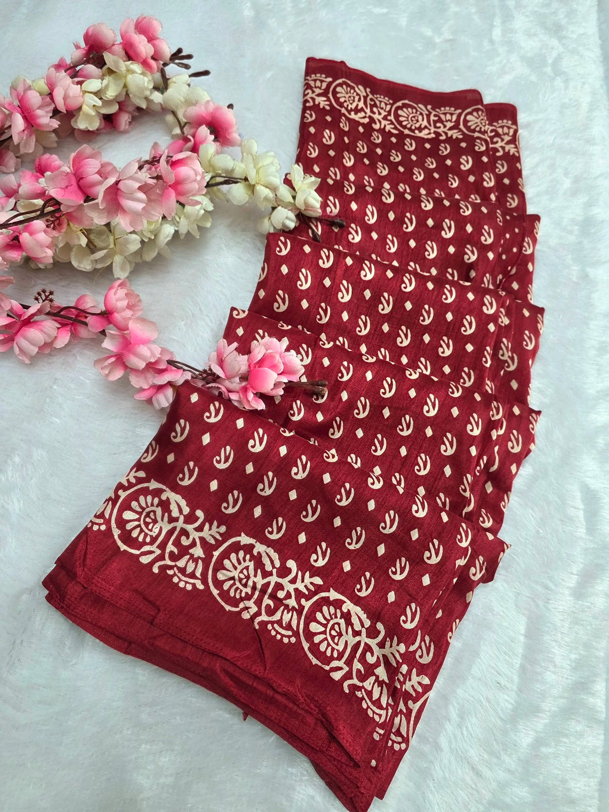 DS149 Semi Dola Silk Block Print Saree - Maroon