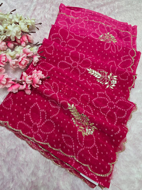 966001 Traditional Bandhani Georgette Saree with Hand Cutdana Work - Pink
