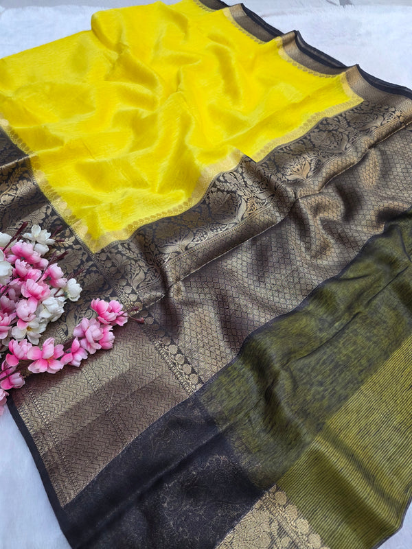 270002 Kanjiwaram Style Banarasi Saree - Yellow