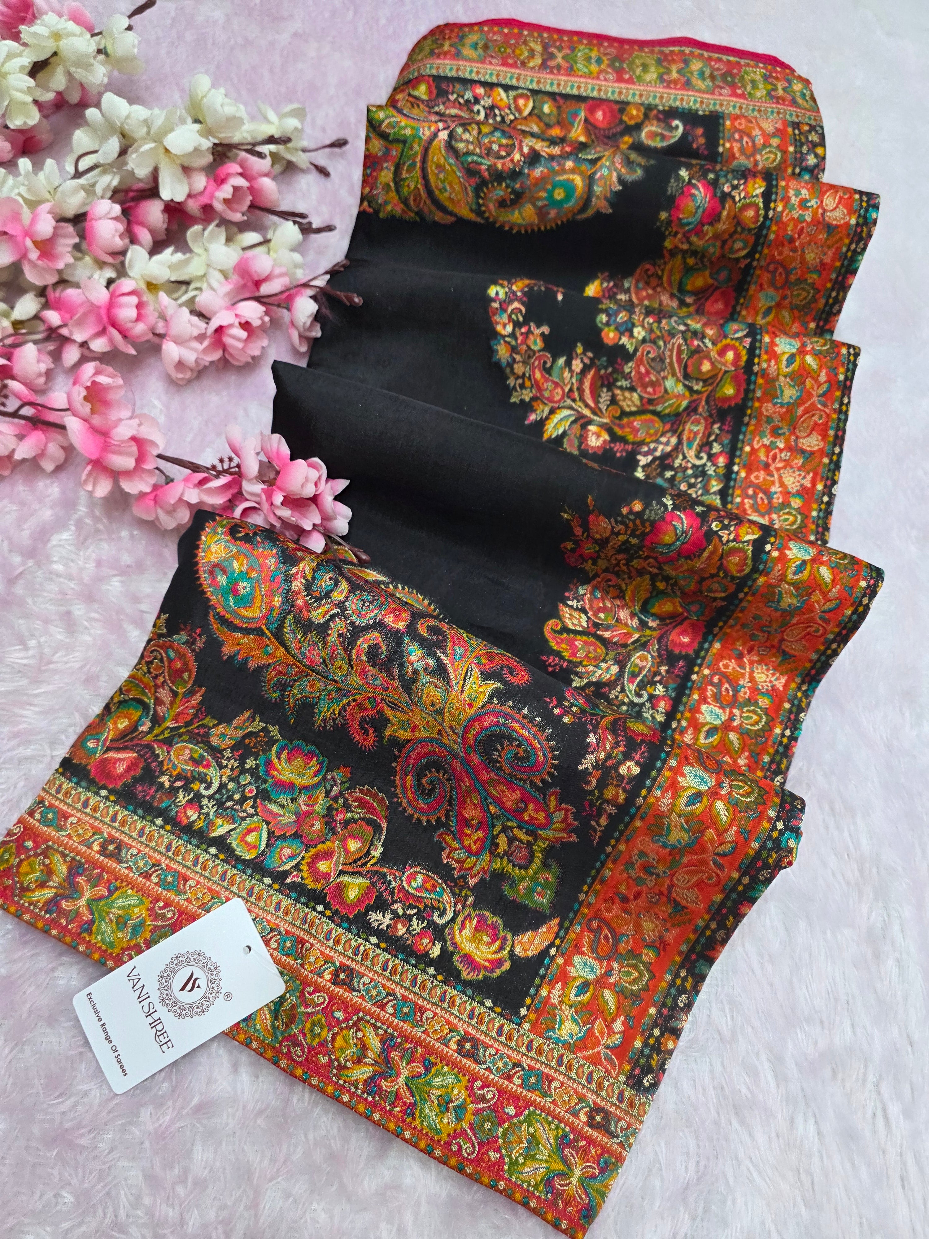 703005 Exclusive Pashmina Kashmiri Work Pure Kashmiri Pure Viscos Silk Black Saree