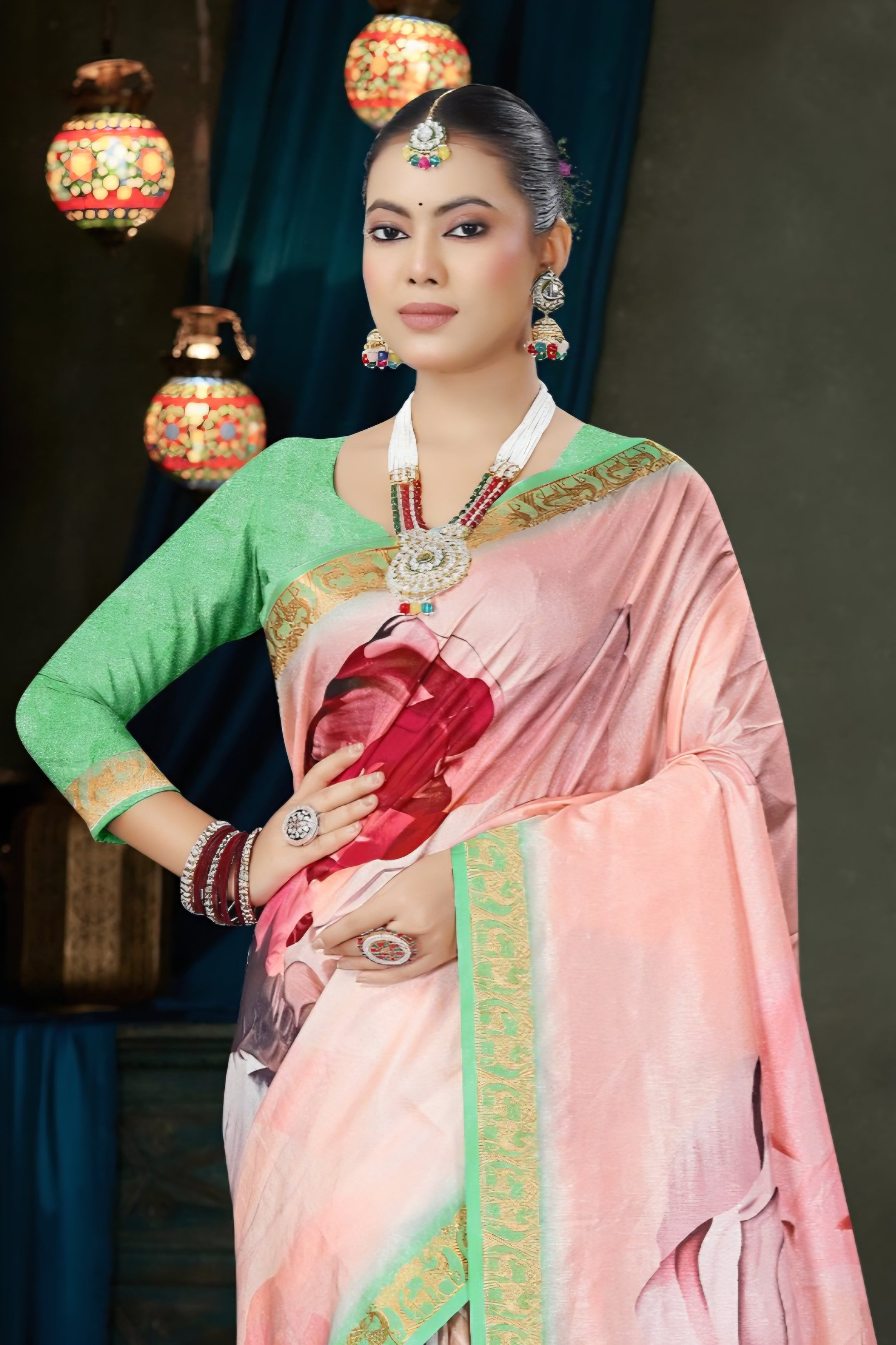 982009 Bollywood Style Soft Crepe Silk Flower Print Saree with Zari Weaving Border