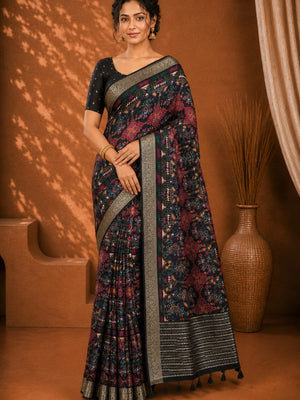 CA0708 pure chinon silk peacok print black saree