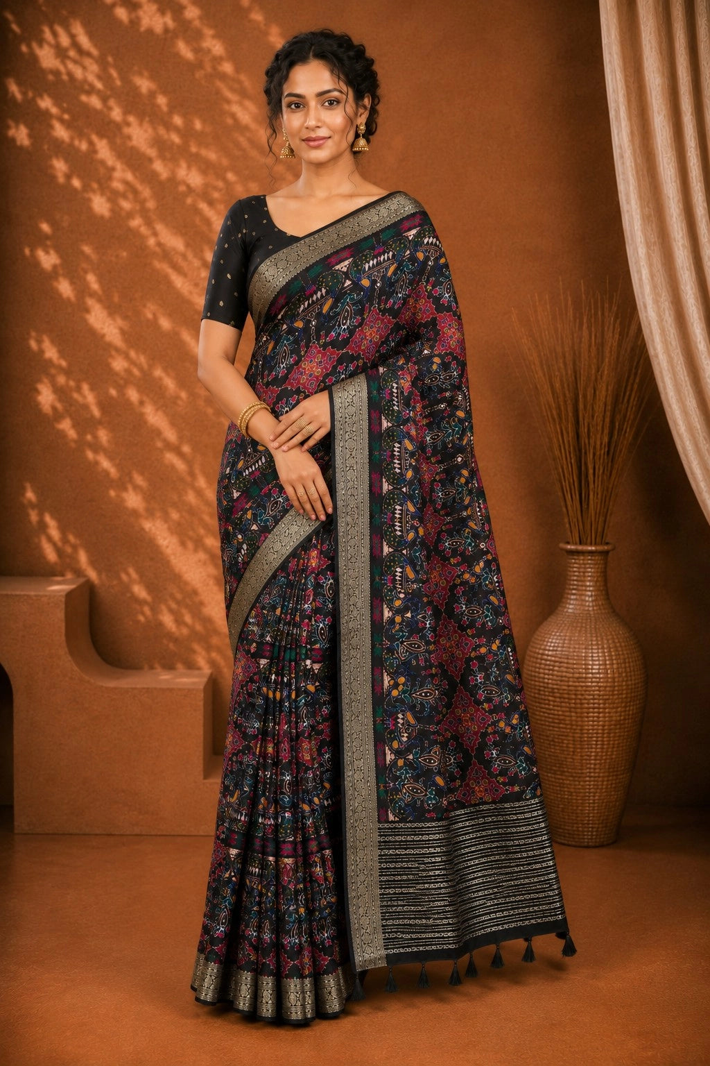 CA0708 pure chinon silk peacok print black saree