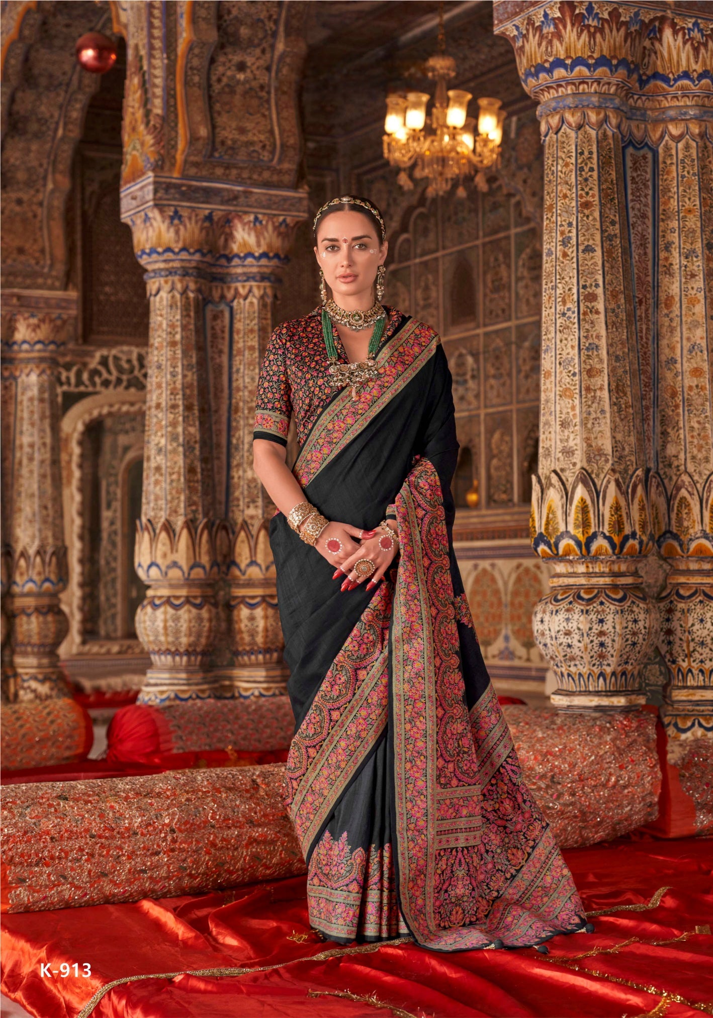 100301 Premium Kashmiri Print Silk Black Saree With Gold Print