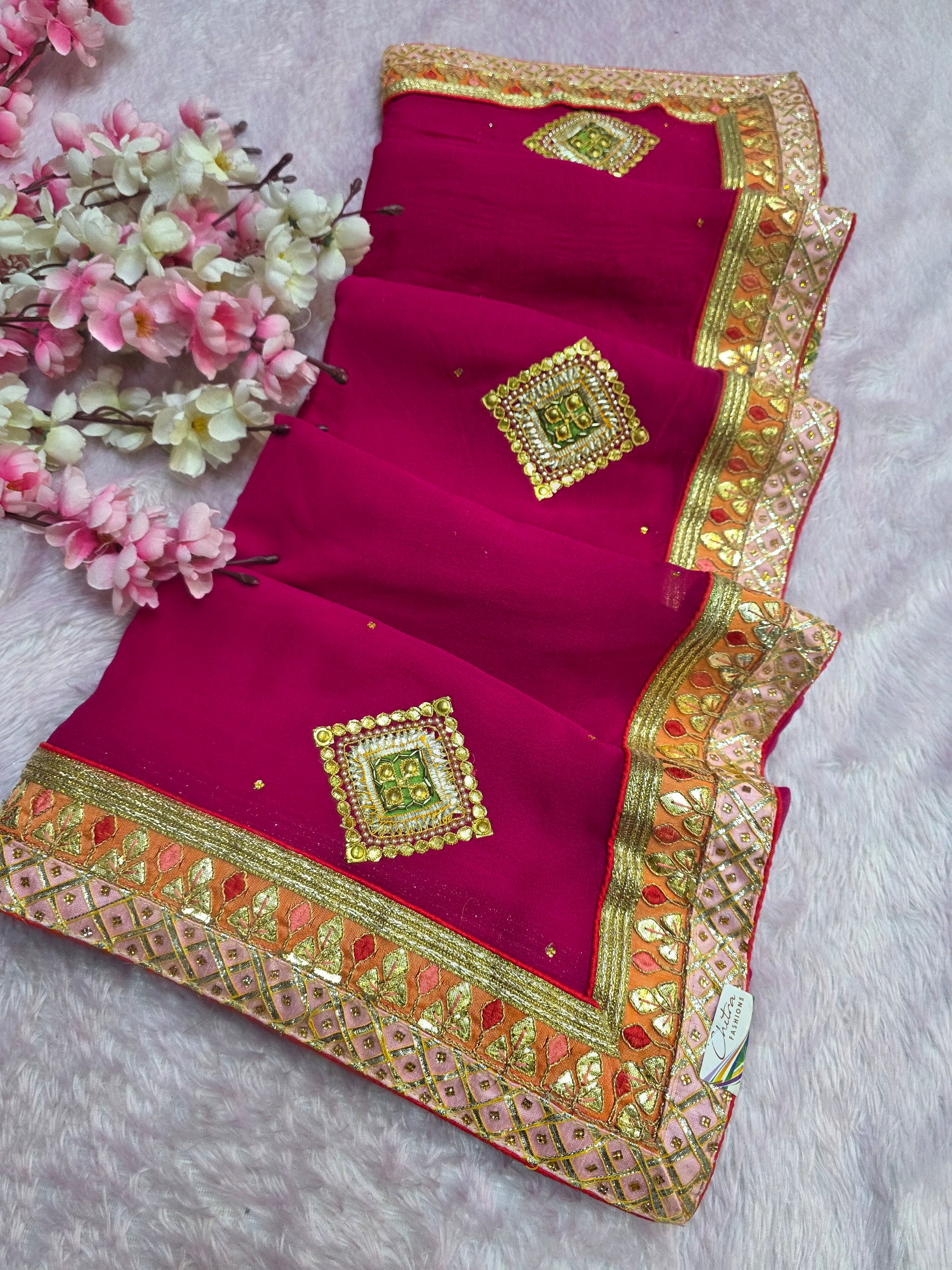 499007 Designer Georgette Saree with Traditional Gotapatti and Danka Hand Work