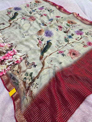 12648 Exclusive Pure Chinon Silk Traditional Print Saree with Zari Weaving Border