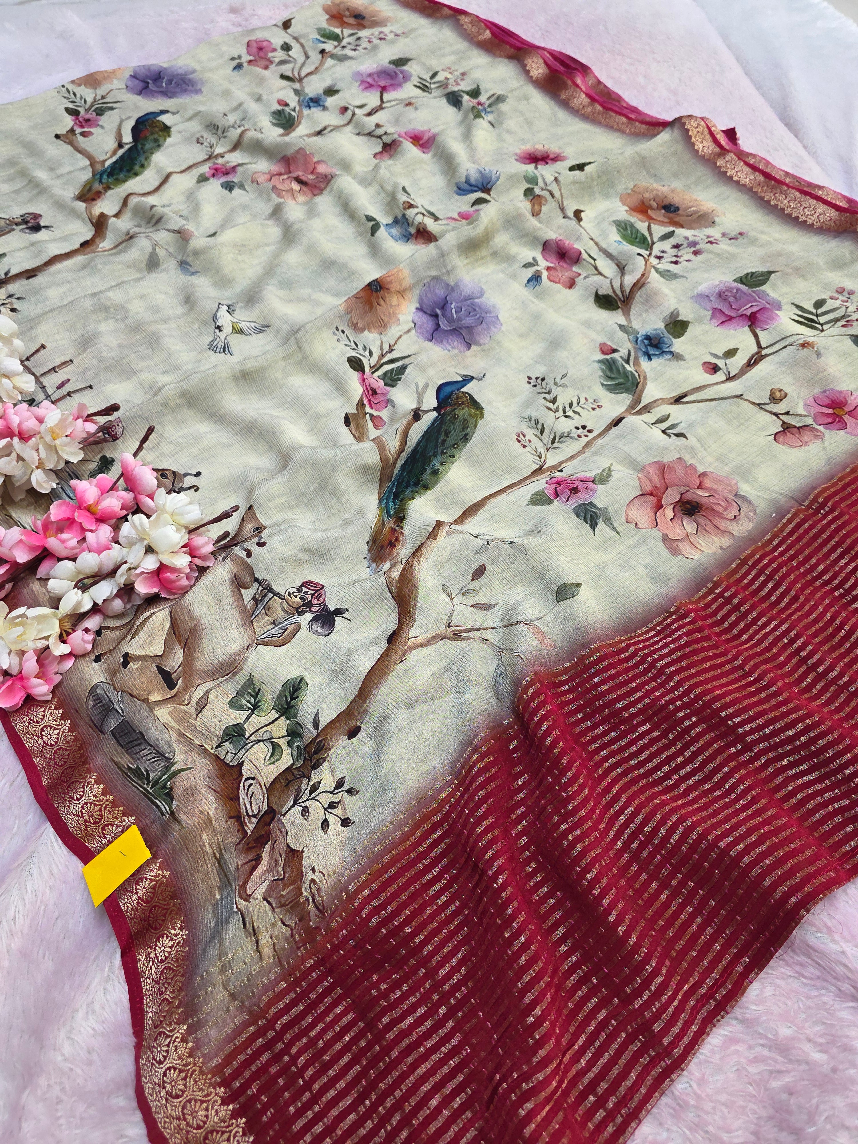 12648 Exclusive Pure Chinon Silk Traditional Print Saree with Zari Weaving Border