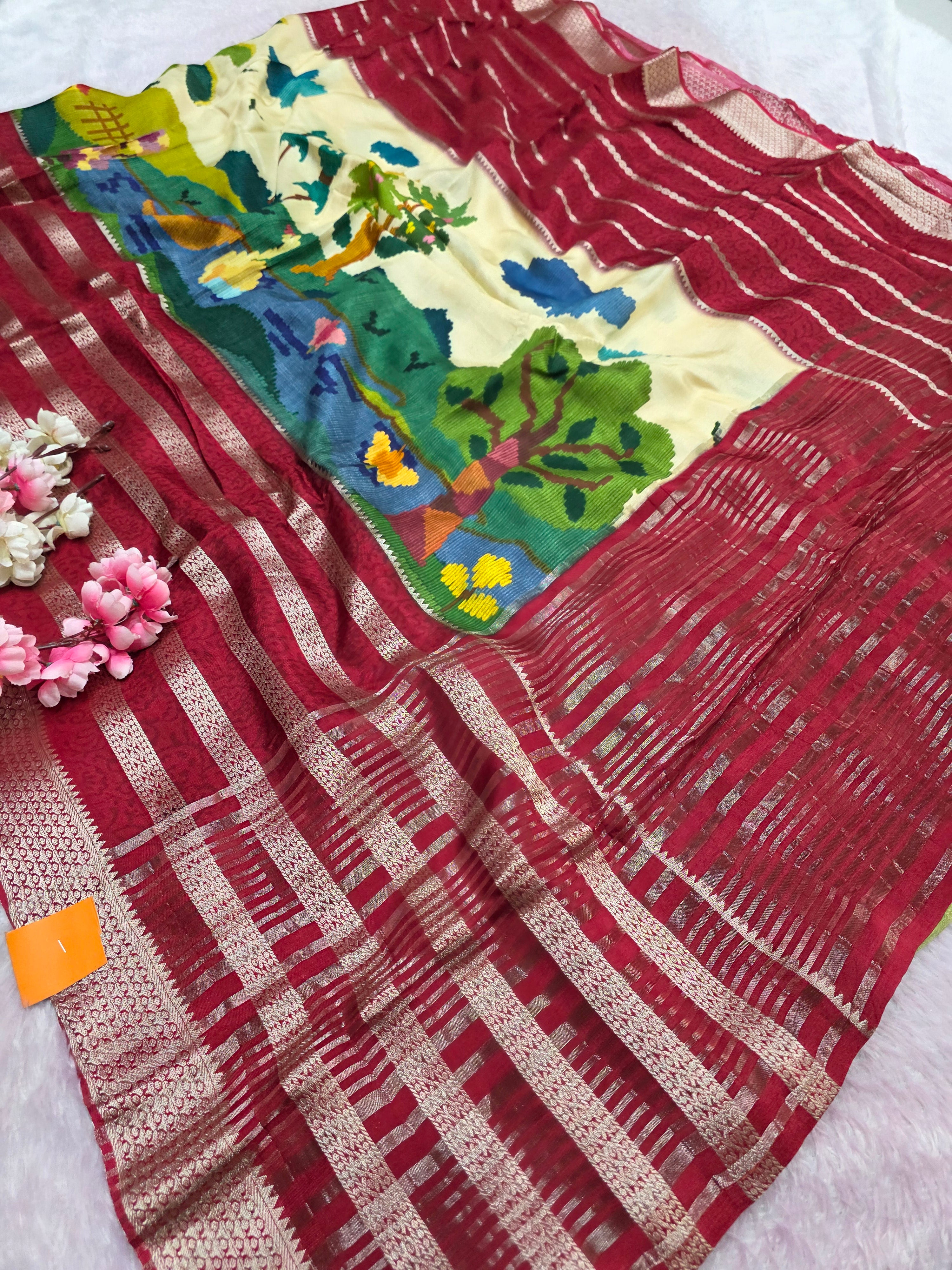 शुद्ध टसर सिल्क हाथ से बनी लेहरिया साड़ी प्रीमियम गोटापट्टी वर्क के साथ - 8837