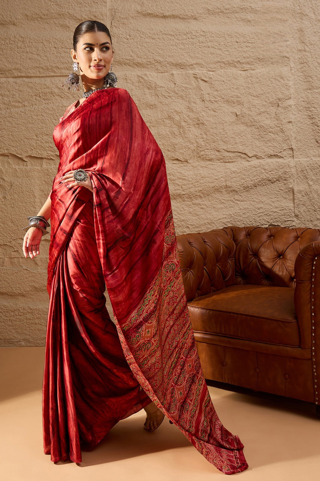 917007 Trending Ajrakh Print with Shibbori Semi Modal Silk Saree - Red