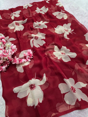 103903 Lightweight Elegant Semi Chiffon Flower Print Saree - Maroon