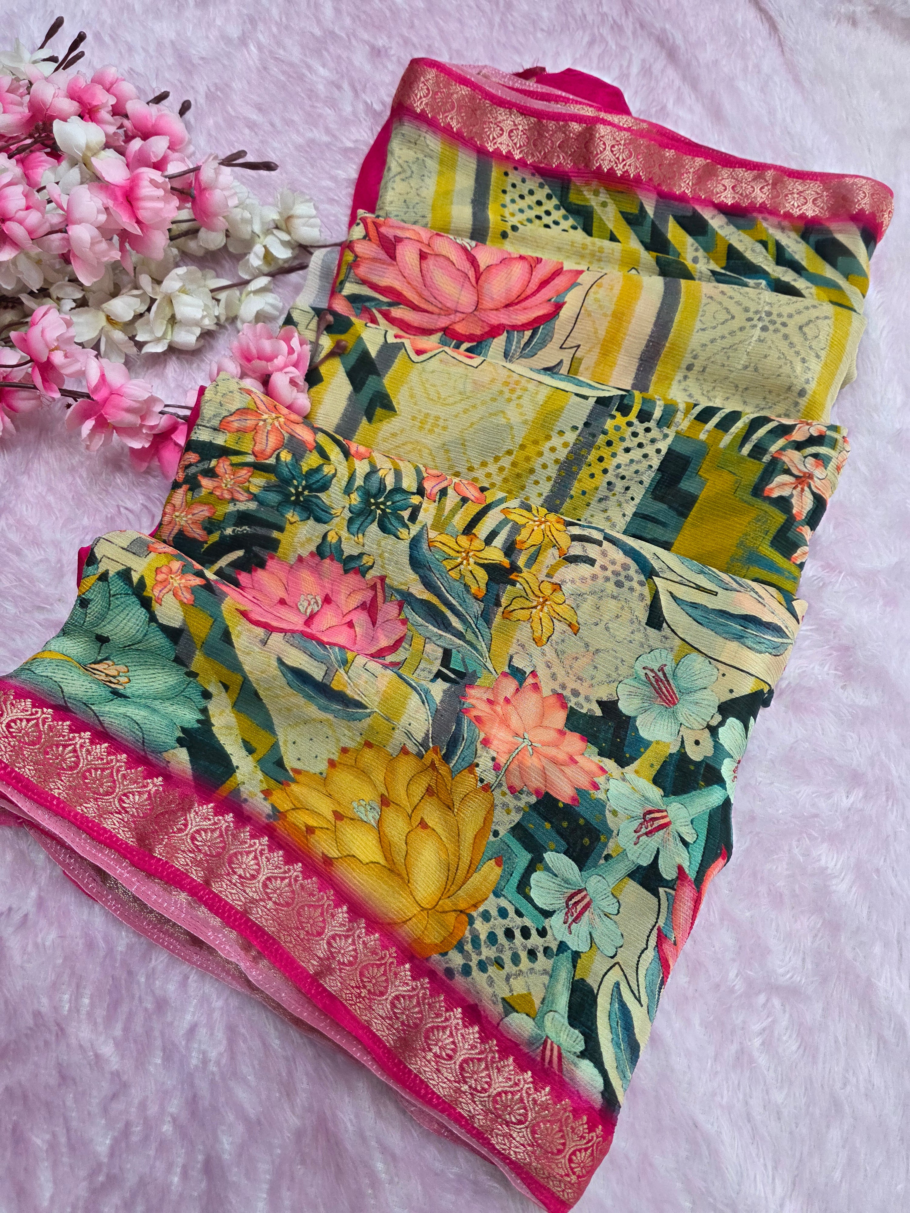 103805 Exclusive Pure Chinon Silk Traditional Print Yellow Saree with Zari Weaving Border