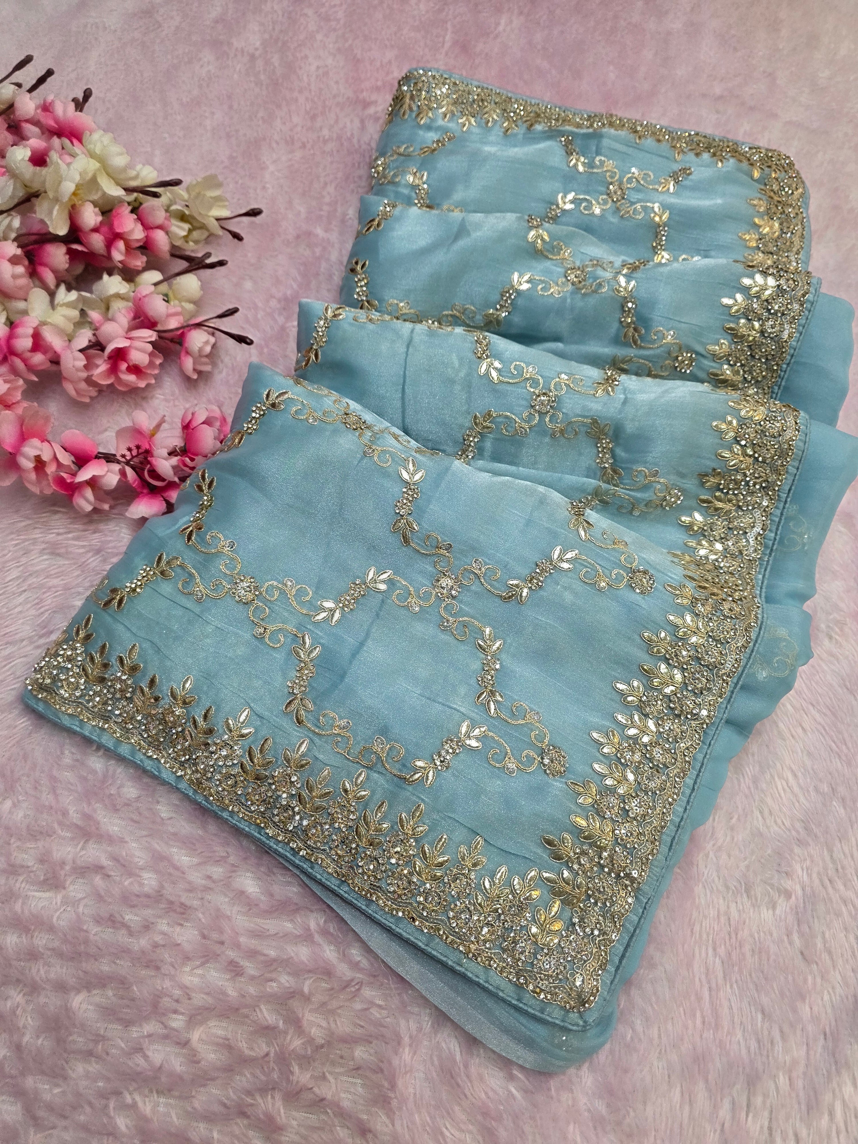 1902 Traditional and Stylish Tissue Silk Sky Blue Color Saree with Gota Patti and Sequence Work