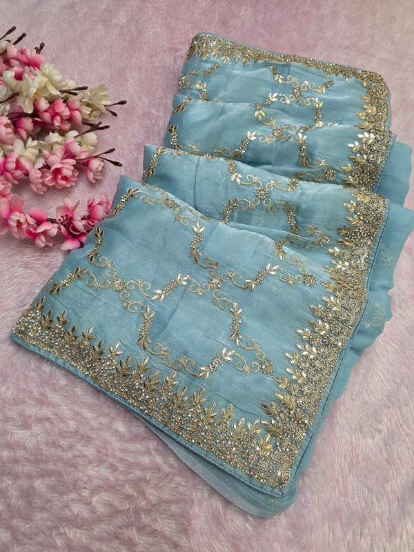 1902 Traditional and Stylish Tissue Silk Sky Blue Color Saree with Gota Patti and Sequence Work