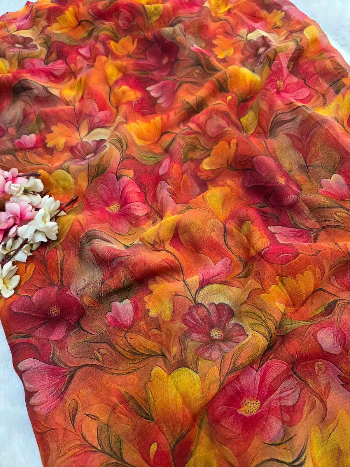 CA1469 Lightweight Elegant Semi Chiffon Flower Print Saree - Red
