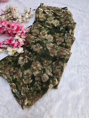 CA1031 Lightweight Elegant Semi Chiffon Flower Print Saree - Green
