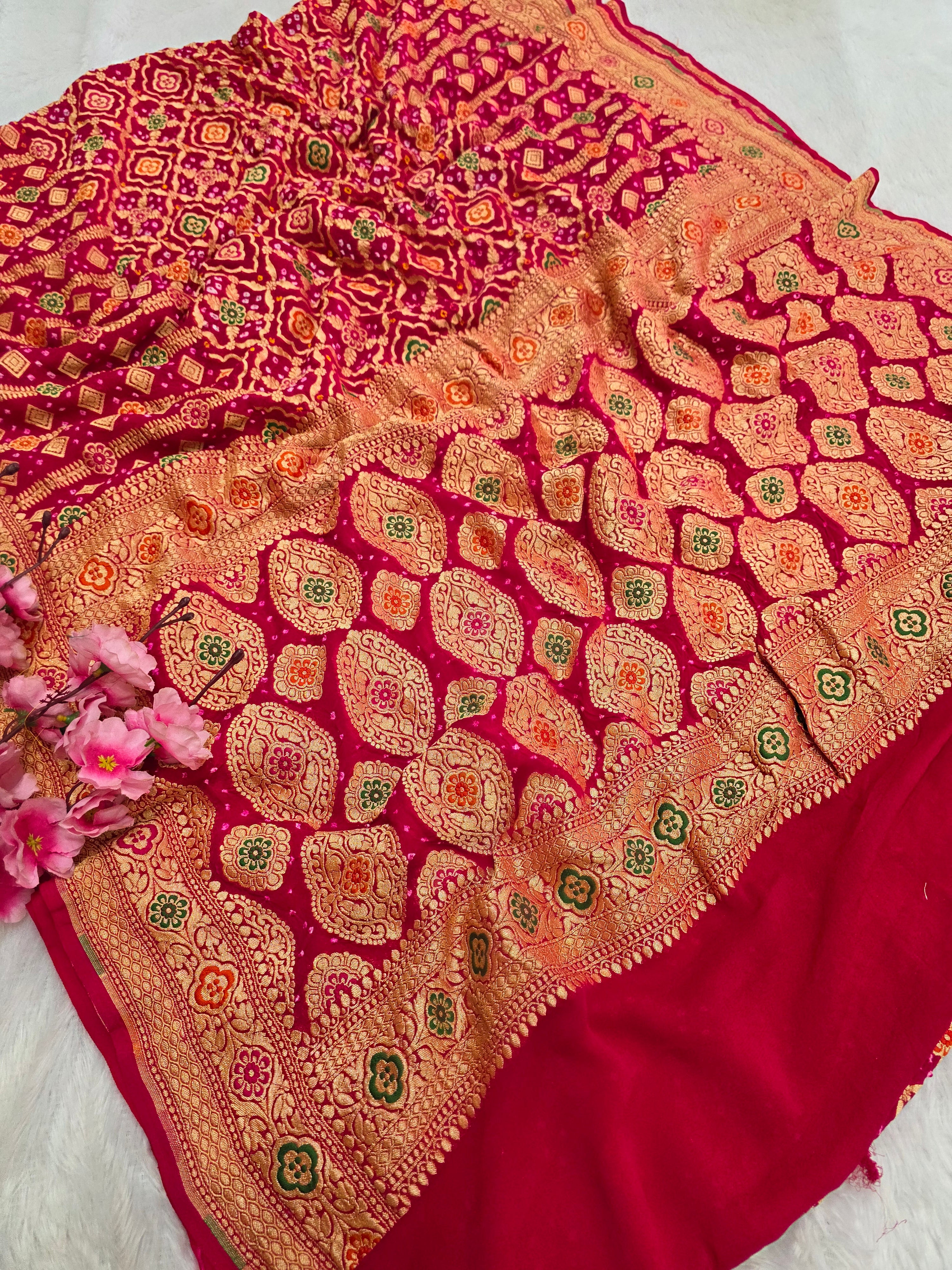 817005 Pure Georgette Hand Rai Bandhani Meenakari Rani Color Saree