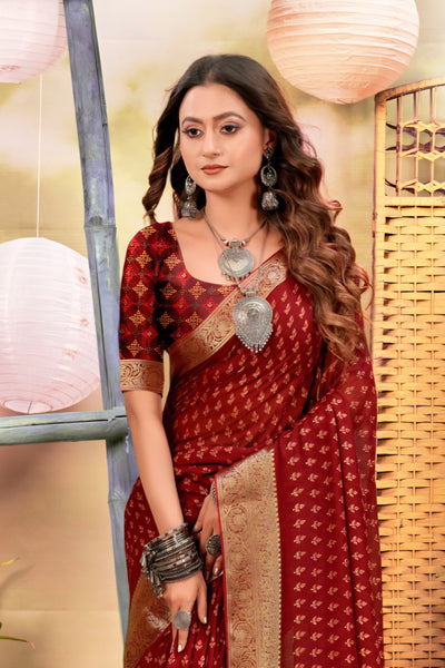 920005 Georgette Crepe Silk Saree with Small Prints and Banarasi Border - Maroon