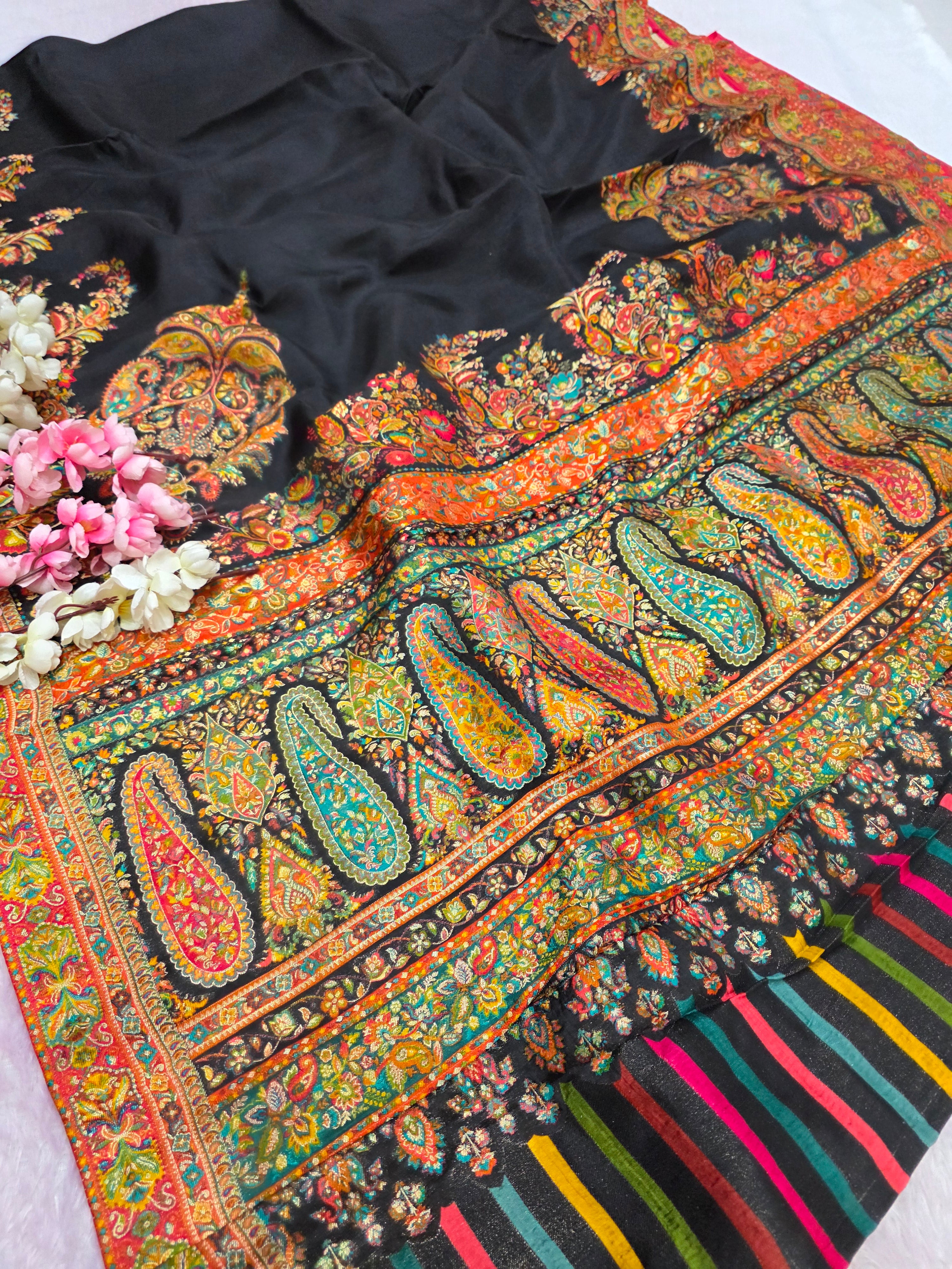 703005 Exclusive Pashmina Kashmiri Work Pure Kashmiri Pure Viscos Silk Black Saree