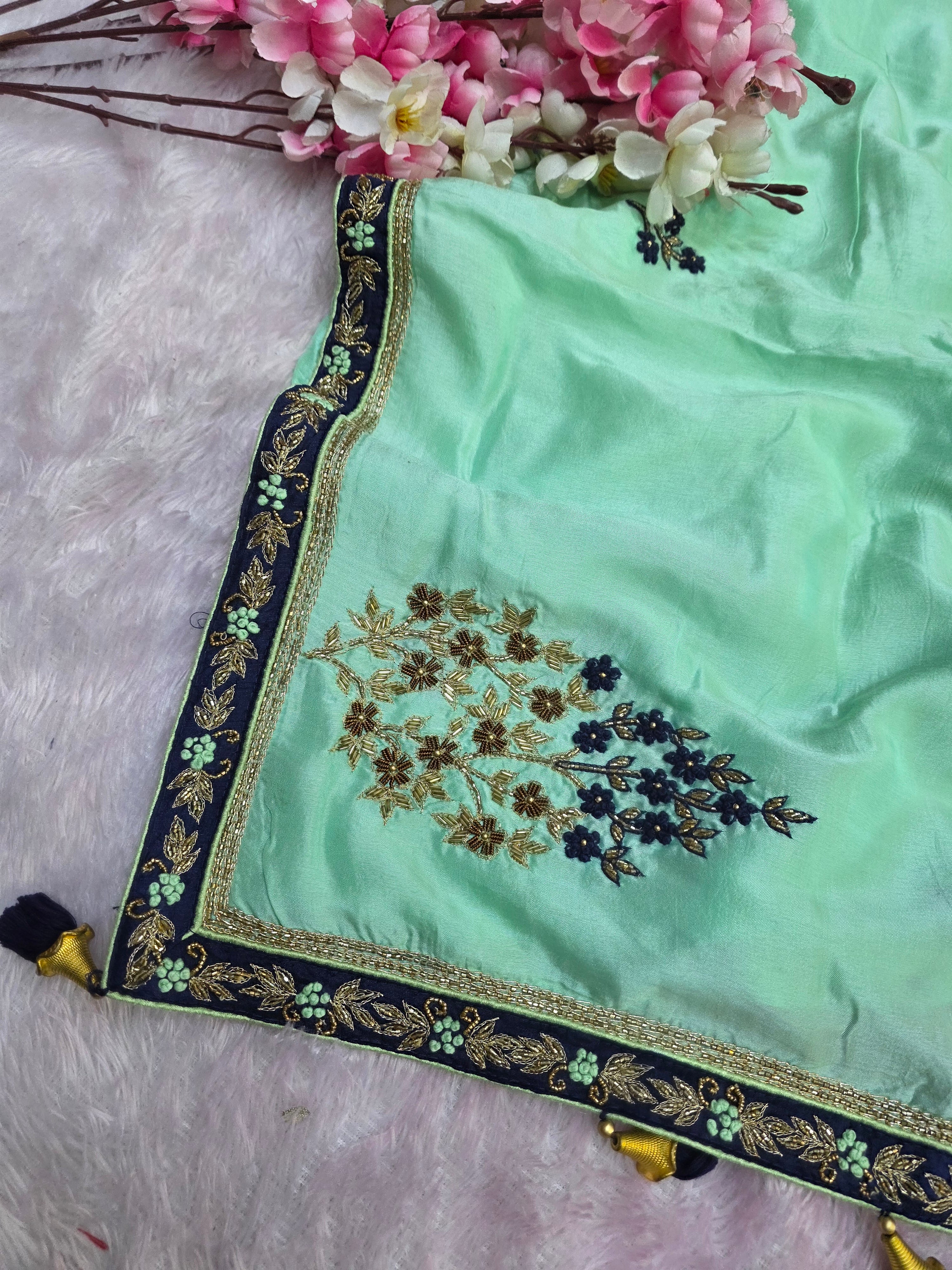 976005 Pure Russian Silk Hand Zardosi Work party Wear Saree