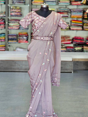 9640 Pure Soft Organza Beautiful Hand Crafted Designer Saree with Stitched Blouse and Belt