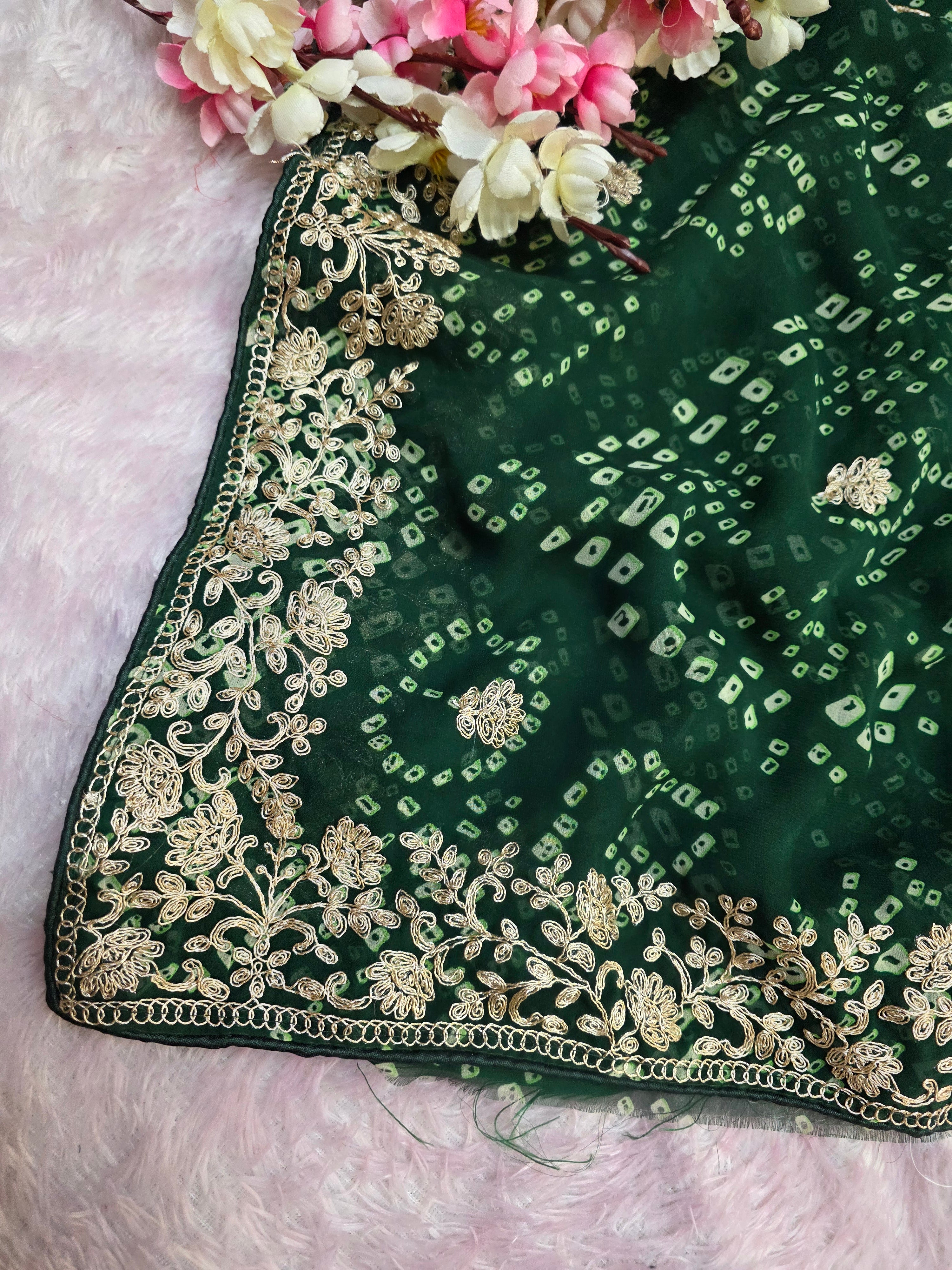 967001 Rajasthani Traditional Georgette Bandhani Saree with Pitta Work - Green