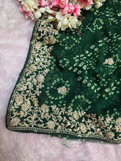 967001 Rajasthani Traditional Georgette Bandhani Saree with Pitta Work - Green