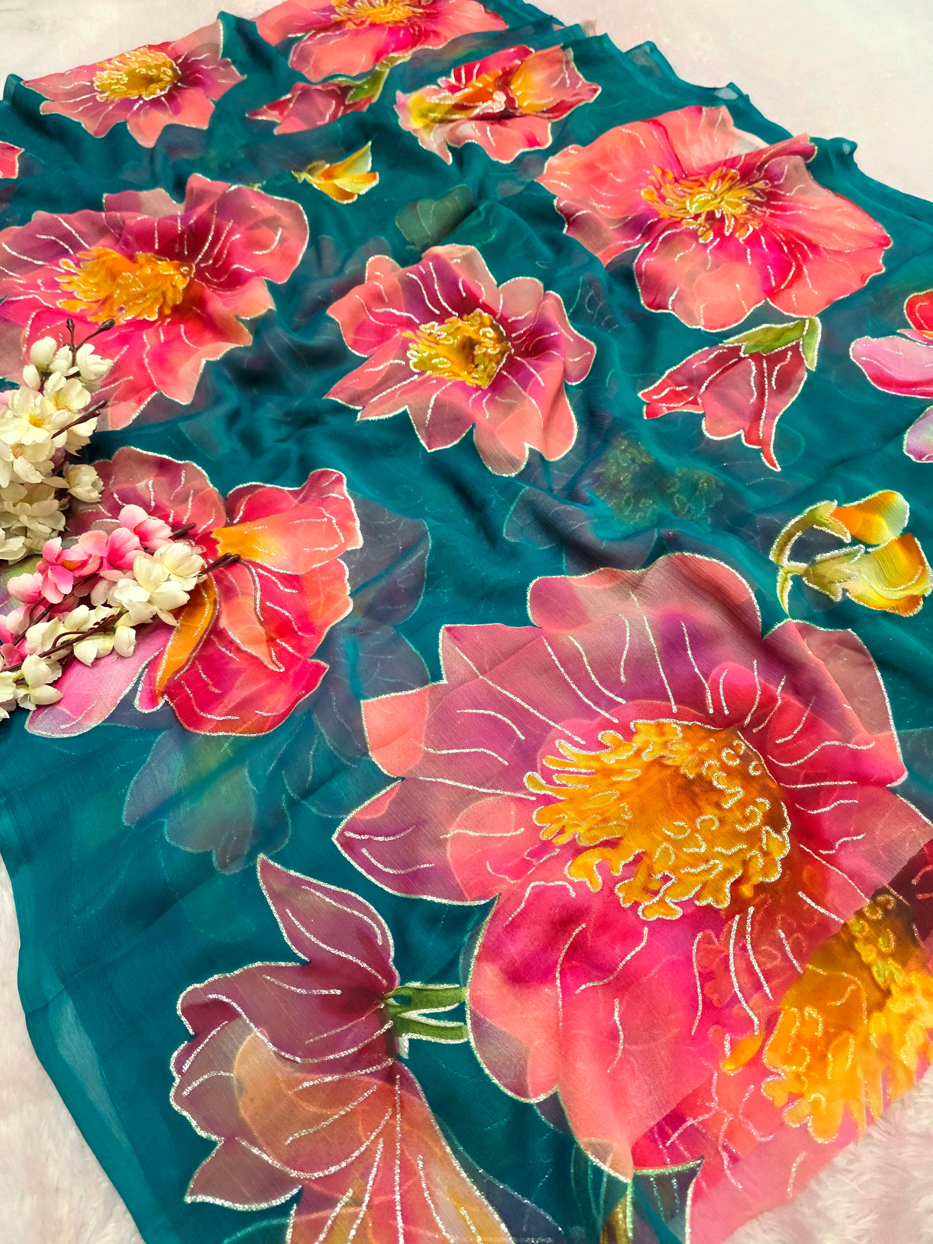 991001 Lightweight Elegant Semi Chiffon Flower Print Saree with Zari Print - Teal