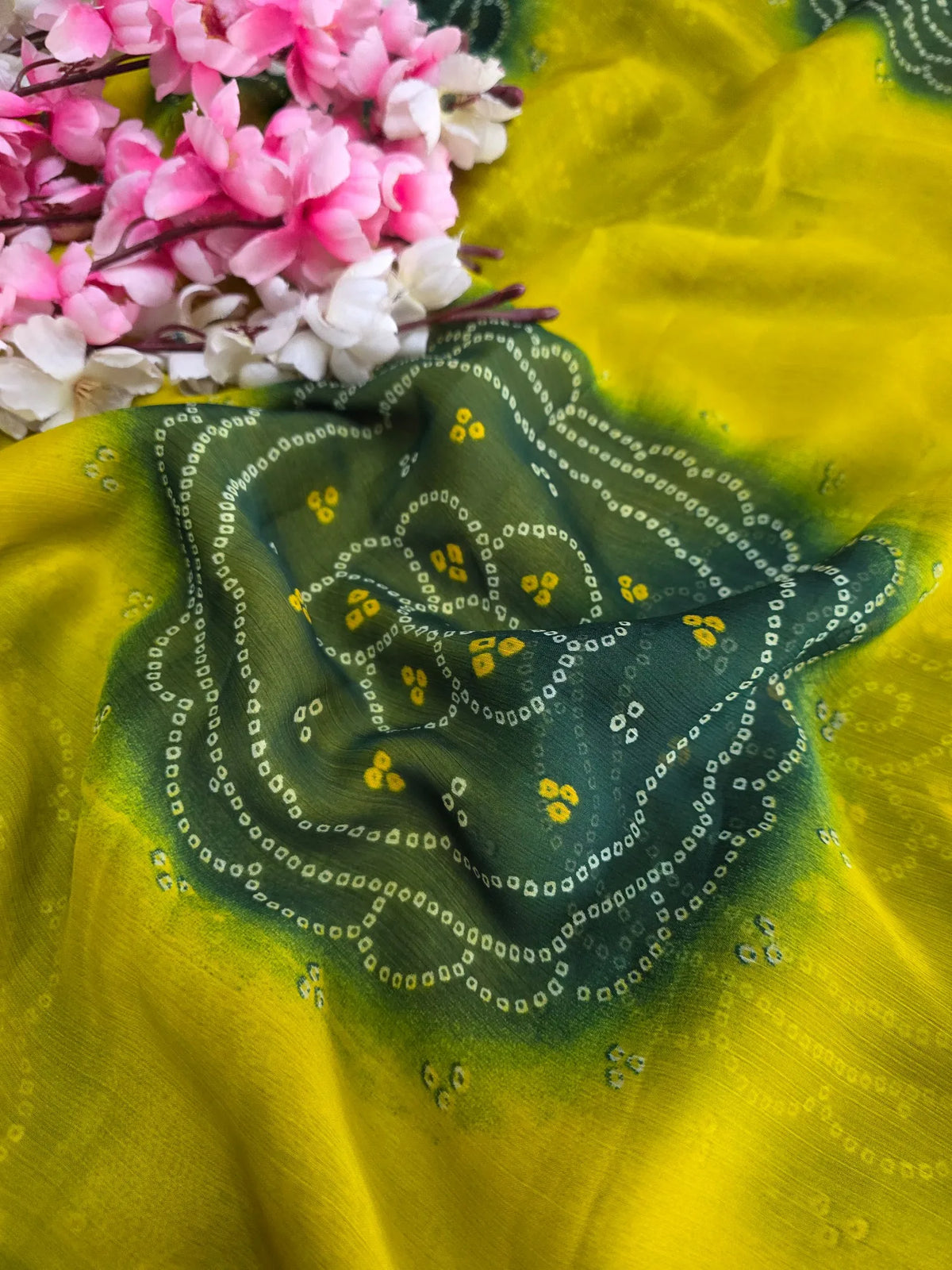 CA1486 Lightweight Elegant Semi Chiffon Bandhani Print Saree - Yellow Green