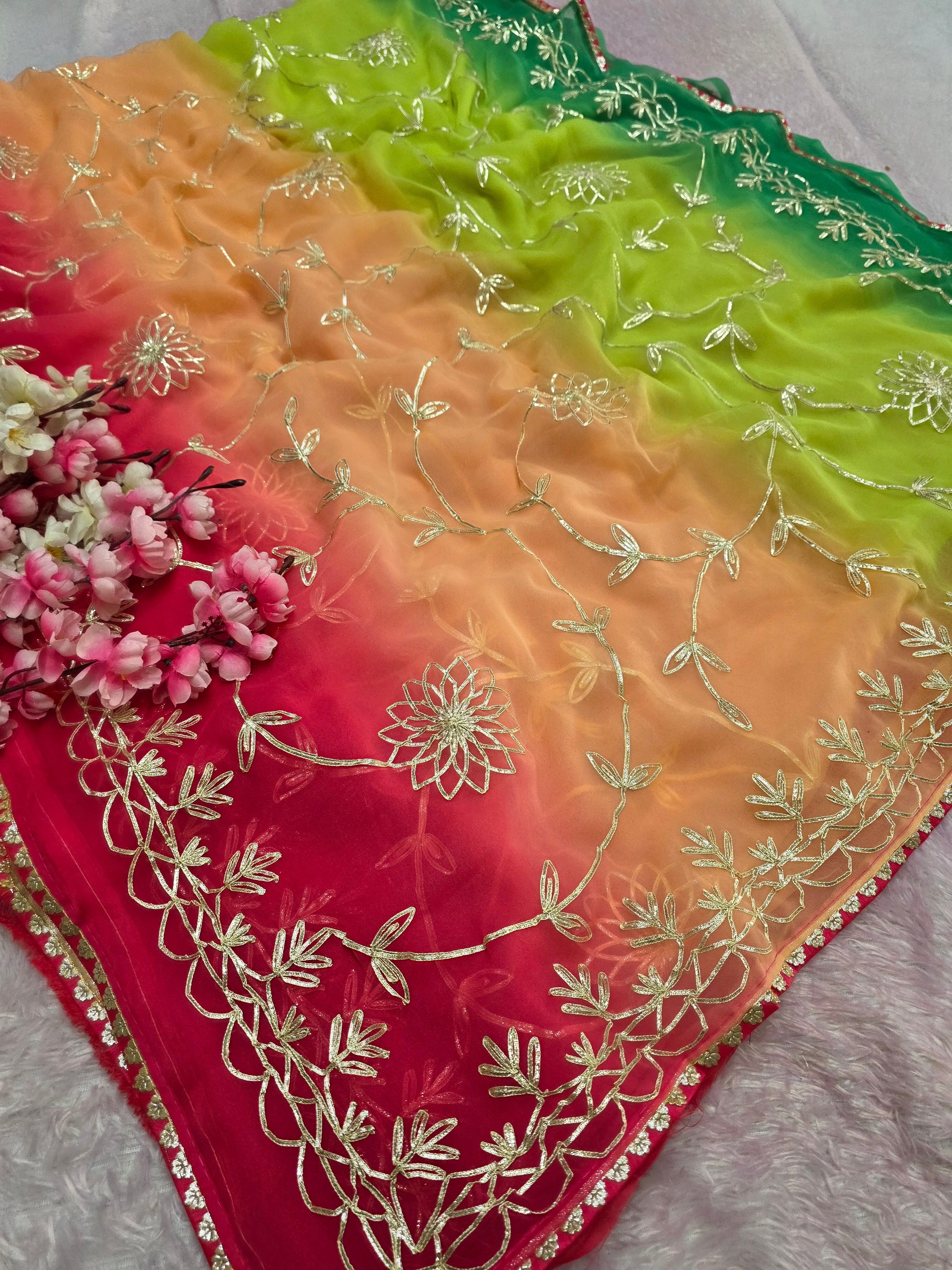 969003 Rajwadi Party Wear Royal Georgette Saree with Gotapatti Work - Green Peach